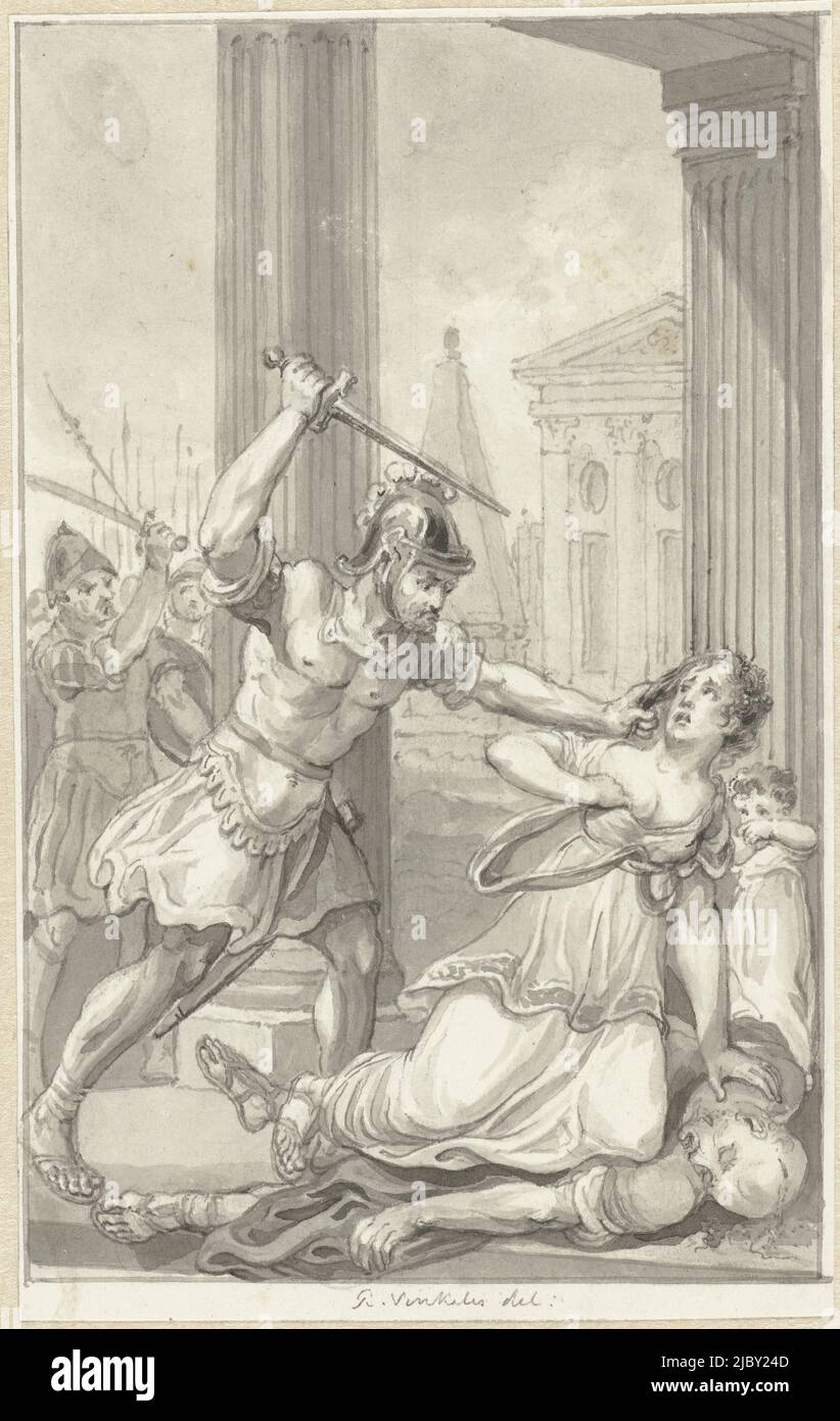 La famiglia dell'imperatore Caius assassinato, Reinier Vinkeles (i), 1804, disegnatore: Reinier Vinkeles (i), 1804, carta, penna, pennello, a 135 mm x l 85 mm Foto Stock