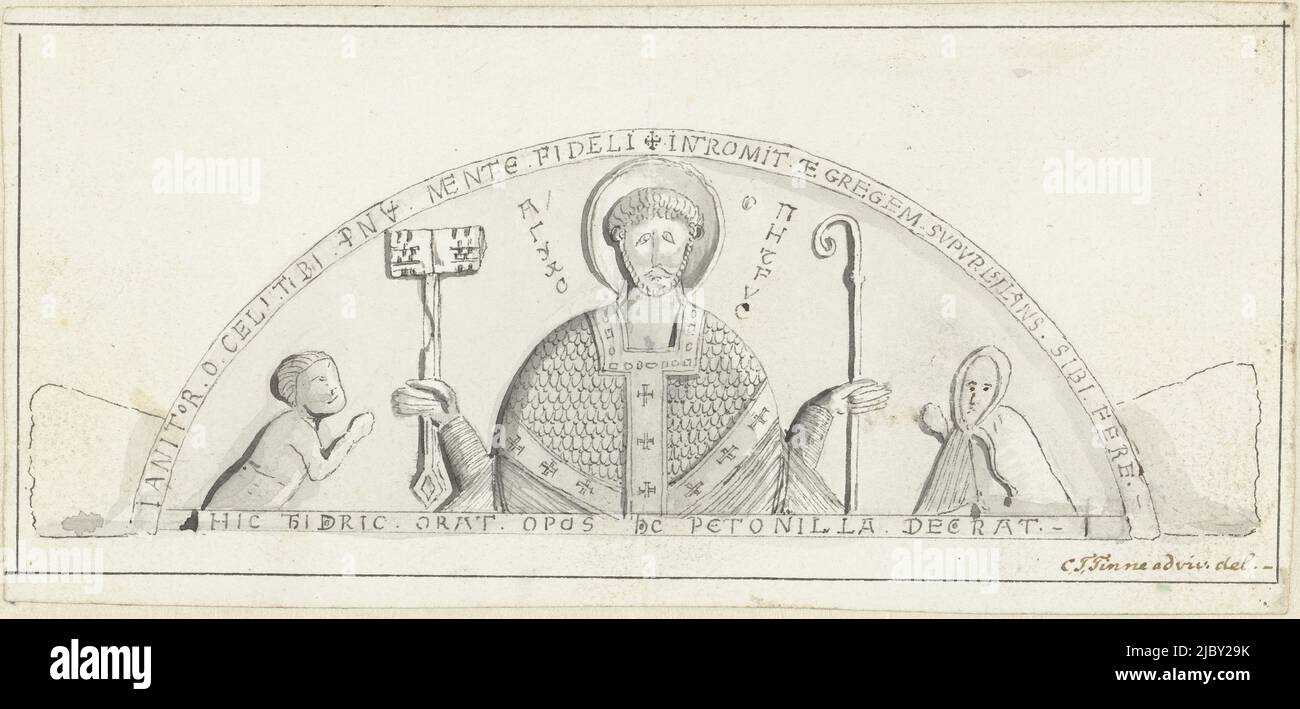 Timpanum della chiesa abbaziale a Egmond, Chrétien Théodore Tinne, 1802 - 1804, Timpanum di Egmond: Tamburo ad arco con Petrus, Conte Dirk VI d'Olanda e sua madre contessa Petronella. Il tutto circondato da iscrizioni latine. La pietra proviene dall'ex Abbazia Benedettina di San Petrus e San Adelbert a Egmond-Binnen. Sotto la pietra alcune vecchie lettere. FM pone le rappresentazioni di questa pietra nel 1009, in realtà la pietra è stata fabbricata ca. 1120., relatore: Chrétien Théodore Tinne, (firmato dall'artista), 1802-1804, carta, penna, spazzola, a 80 mm x l 168 mm Foto Stock