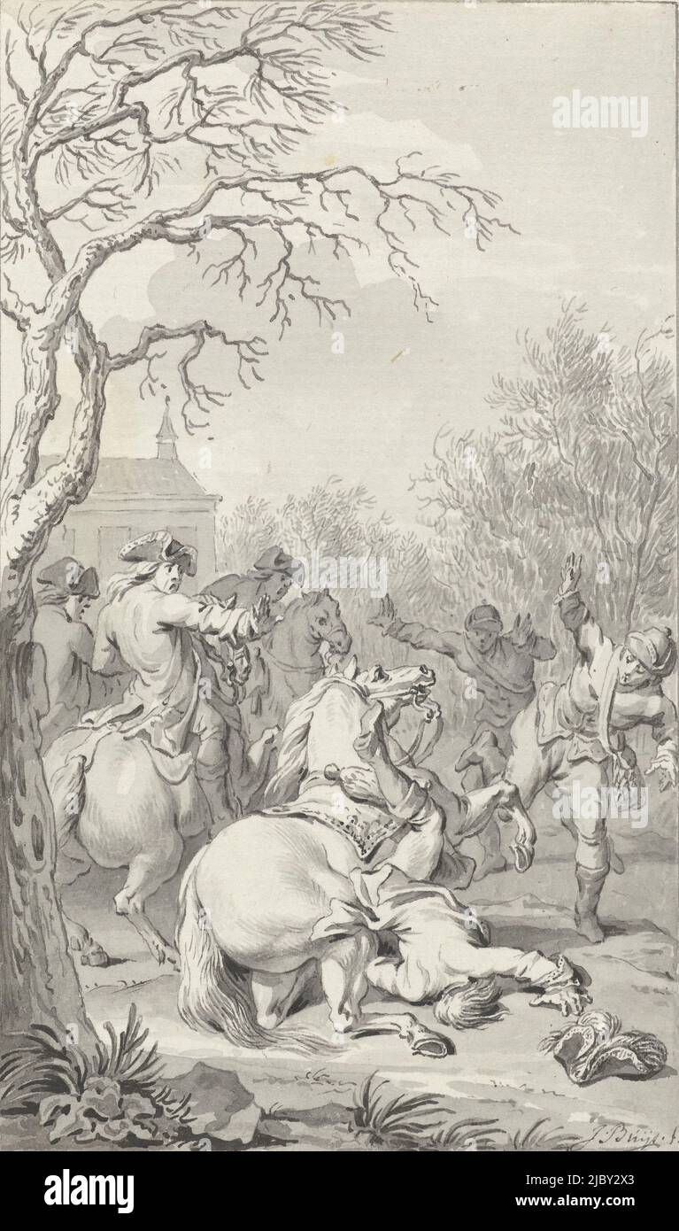 Caduta fatale di Guglielmo III dal suo cavallo, 4 marzo 1702, Jacobus acquista, 1792 - 1794, La caduta fatale di re Guglielmo III durante una festa di caccia, 4 marzo 1702. Il re cade dal suo cavallo, con astuanti. Disegno per una stampa., disegnatore: Jacobus acquista, (menzionato in oggetto), Paesi Bassi del Nord, 1792-1794, carta, penna, spazzola, h 149 mm x l 89 mm Foto Stock