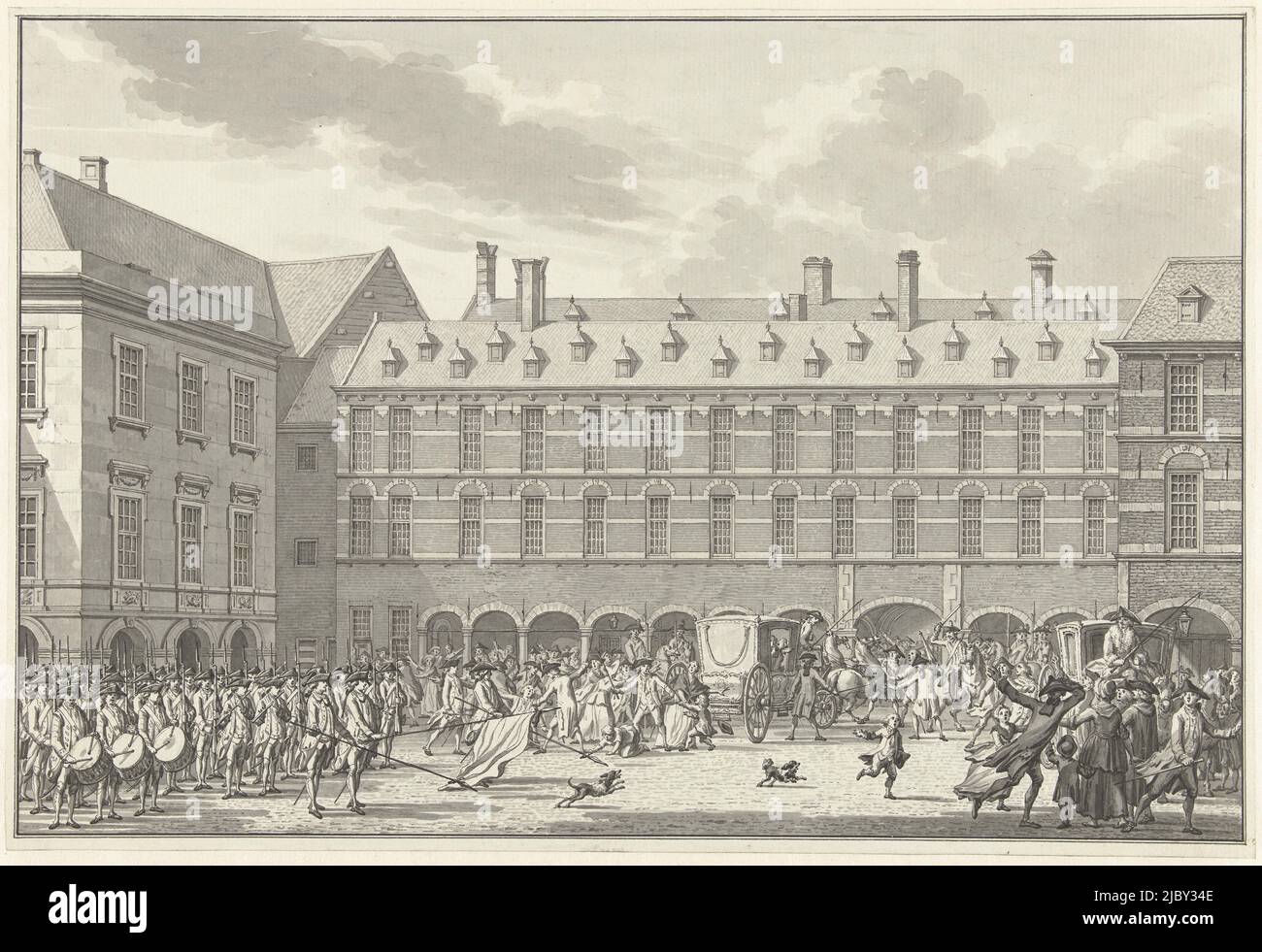 Interruzioni mentre i deputati di Dordrecht cavalcano attraverso lo Stadhouderspoort nel Binnenhof, 1786, Jan Bulthuis, 1786, interruzioni come i deputati di Dordrecht, Messrs. Gevaerts e De Gijzelaar, Fai un giro in carrozza attraverso lo Stadhouderspoort fino al Binnenhof e i loro cavalli vengono sequestrati dalla briglia dal creatore dell'Aia F. Mourand, 17 marzo 1786. A sinistra la milizia montata, a destra l'avvocato Van Nispen difende la carrozza. Disegno per una stampa., disegnatore: Jan Bulthuis, Paesi Bassi del Nord, 1786, carta, penna, spazzola, h 250 mm x l 368 mm Foto Stock