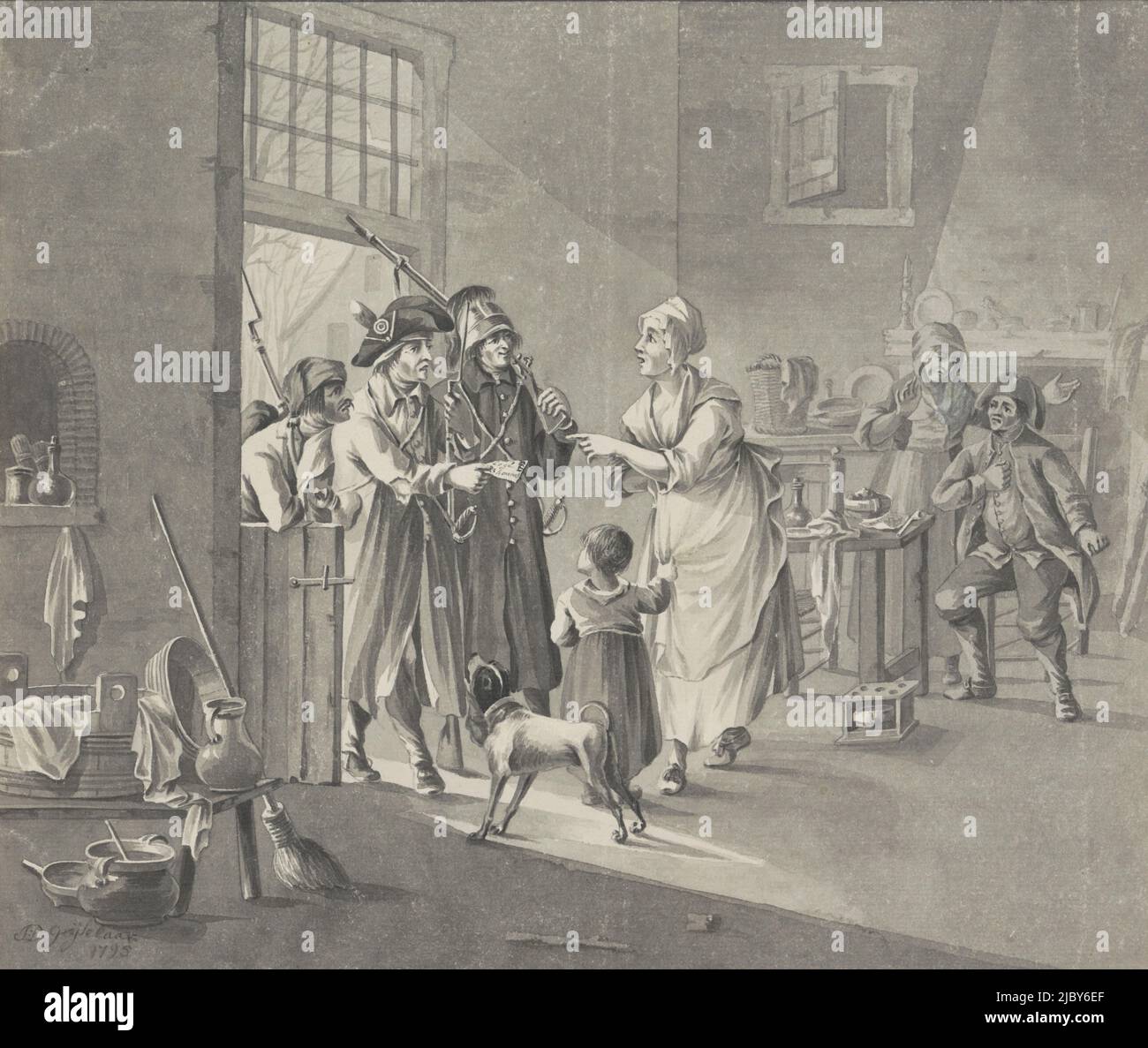 Tre soldati francesi arrivano in una famiglia olandese con un disegno di legge, 1795, Johan Daniël de Gijselaar, 1795, all'ingresso di una casa borghese stand tre soldati francesi vestiti in modo shabbily mostrando un disegno di legge di litigazione ad una cameriera olandese con un bambino attaccato alla sua gonna. Sullo sfondo, il Signore e la signora orribili guardando la casa ad un tavolo. A sinistra negli attributi di famiglia in primo piano. Vita civile durante l'arrivo dei francesi nel 1795. Vedi anche pendant., relatore: Johan Daniël de Gijselaar, (firmato dall'artista), Paesi Bassi del Nord, 1795, carta, penna, spazzola, h 255 mm x l Foto Stock