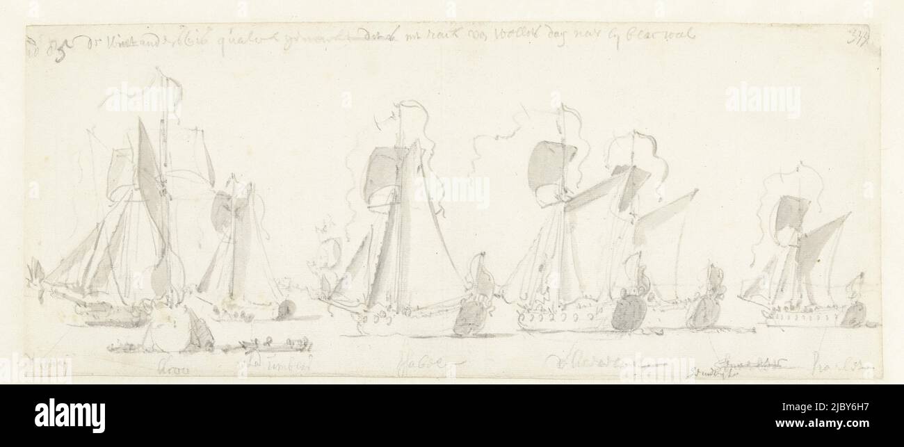 Il viaggio del re inglese Carlo II sopra il Tamigi a Sheerness e Chatham il 27 agosto 1681. Qui la flotta di yacht in successione tra Woolwich e Blackwall, il viaggio del re inglese Carlo II sul Tamigi a Sheerness e Chatham il 27 agosto 1681., disegnatore: Willem van de Velde (i), 27-ago-1681 - 31-dic-1681, carta, pennello, h 157 mm x w 375 mm Foto Stock