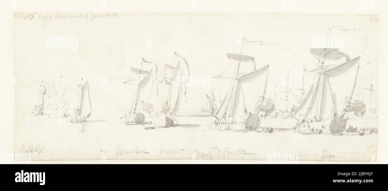 Il viaggio del re inglese Carlo II sopra il Tamigi a Sheerness e Chatham il 27 agosto 1681. Qui la flotta di yacht in successione tra Blackwall e Greenwich, il viaggio del re inglese Carlo II sul Tamigi a Sheerness e Chatham il 27 agosto 1681., disegnatore: Willem van de Velde (i), 27-ago-1681 - 31-dic-1681, carta, pennello, h 148 mm x w 366 mm Foto Stock