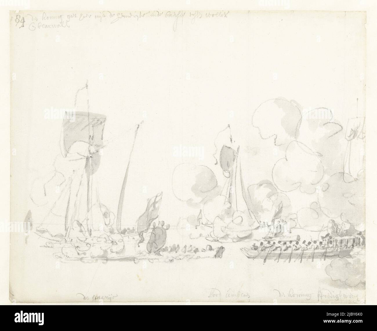 Il viaggio del re inglese Carlo II sopra il Tamigi a Sheerness e Chatham il 27 agosto 1681. La partenza del re, il re passò dall'Henrietta alla 'chiatta' tra Woolwich e Blackwall. Le navi Maria e lo yacht di Lord Dunblane, il viaggio del re inglese Carlo II sul Tamigi a Sheerness e Chatham il 27 agosto 1681., disegnatore: Willem van de Velde (i), 27-ago-1681 - 31-dic-1681, carta, pennello, h 304 mm x w 370 mm Foto Stock