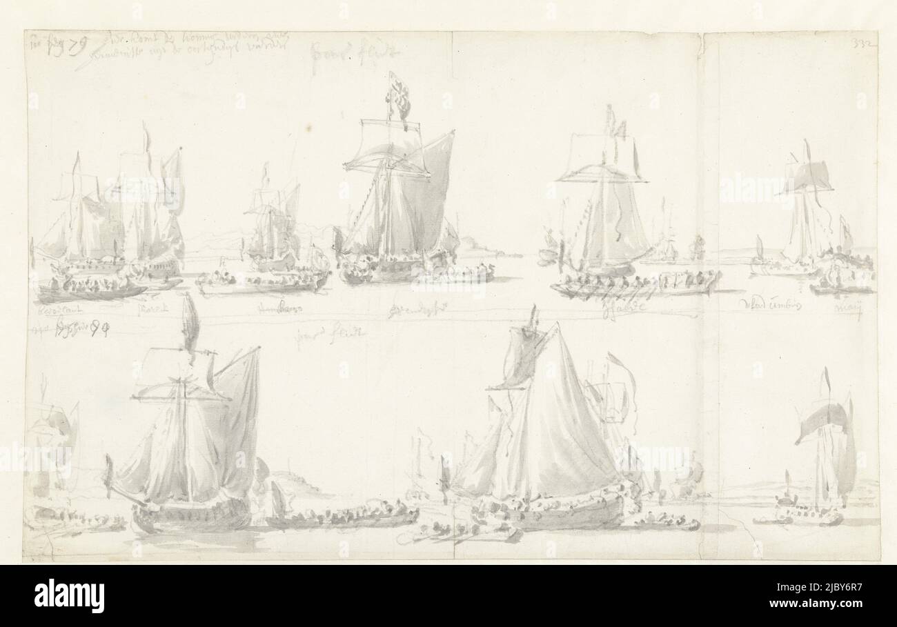 Visita del re inglese Carlo II a due Indiamen orientali durante il suo viaggio il 27 agosto 1681, disegnatore: Willem van de Velde (i), 27-ago-1681 - 31-dic-1681, carta, pennello, h 285 mm x w 460 mm Foto Stock