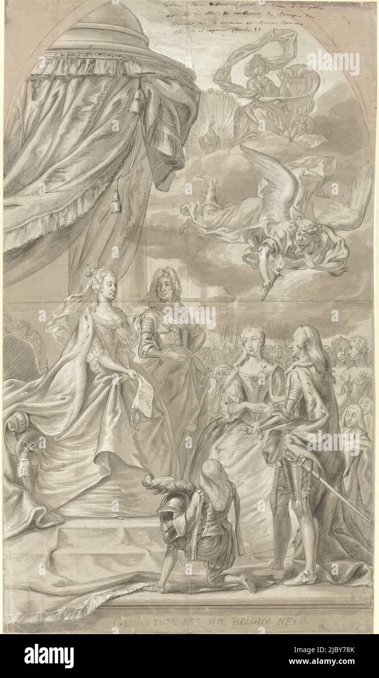 Allegoria del matrimonio dell'arciduchessa Maria Anna d'Austria e Carlo Alessandro di Lorena, 1744, anonimo, 1744, allegoria del matrimonio dell'arciduchessa Maria Anna d'Austria e Carlo Alessandro di Lorena, 7 gennaio 1744 e la nomina della coppia come governatori generali sui Paesi Bassi austriaci. L'imperatrice Maria Teresa e l'imperatore Francesco Stefano si ergono accanto al trono sotto il baldacchino, l'imperatrice tiene in mano un documento (giuramento di nomina). Davanti a loro c'è la sposa e lo sposo con una pagina in ginocchio e nel cielo un angelo (genio) che tiene la torcia di nozze. Nel Foto Stock