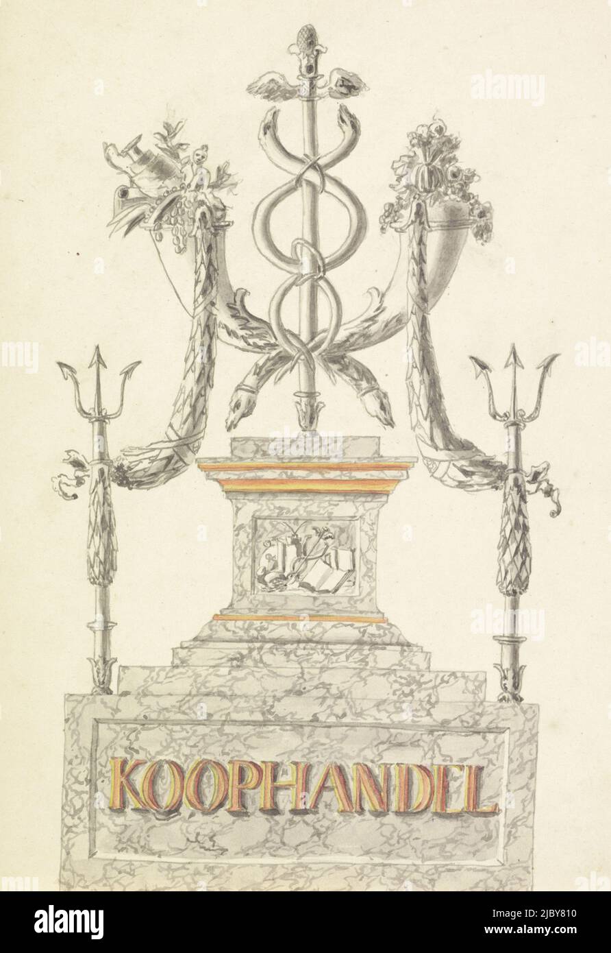 Decorazione sul Herengracht vicino al Warmoesgracht, 1816, anonimo, 1816, decorazione con il tema Commercio. Trofeo con uno staff di Mercury, corna di abbondanza, tridenti e ghirlande. Sul piedistallo 'Commerce. Fondata sul Herengracht vicino al Warmoesgracht. Parte di una serie di 14 (di 16) disegni per le decorazioni preparate sulla visita del Principe e della Principessa d'Orange ad Amsterdam il 19 settembre 1816., disegnatore: anonimo, Olanda, 1816, carta, penna, spazzola, h 231 mm x l 170 mm Foto Stock