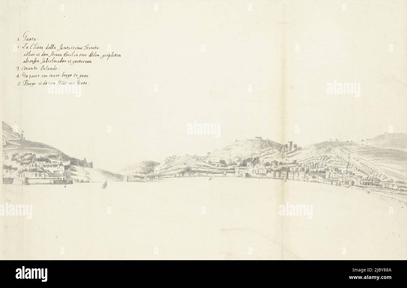 Pagina di rappresentazione a destra su due pagine con vista di Gaeta (la pagina a sinistra ha il numero di oggetto RP-T-00-409), Vista della città italiana di Gaeta (pagina a destra)., disegnatore: anonimo, 1600 - 1699, carta, pennello, a 457 mm x l 662 mm Foto Stock