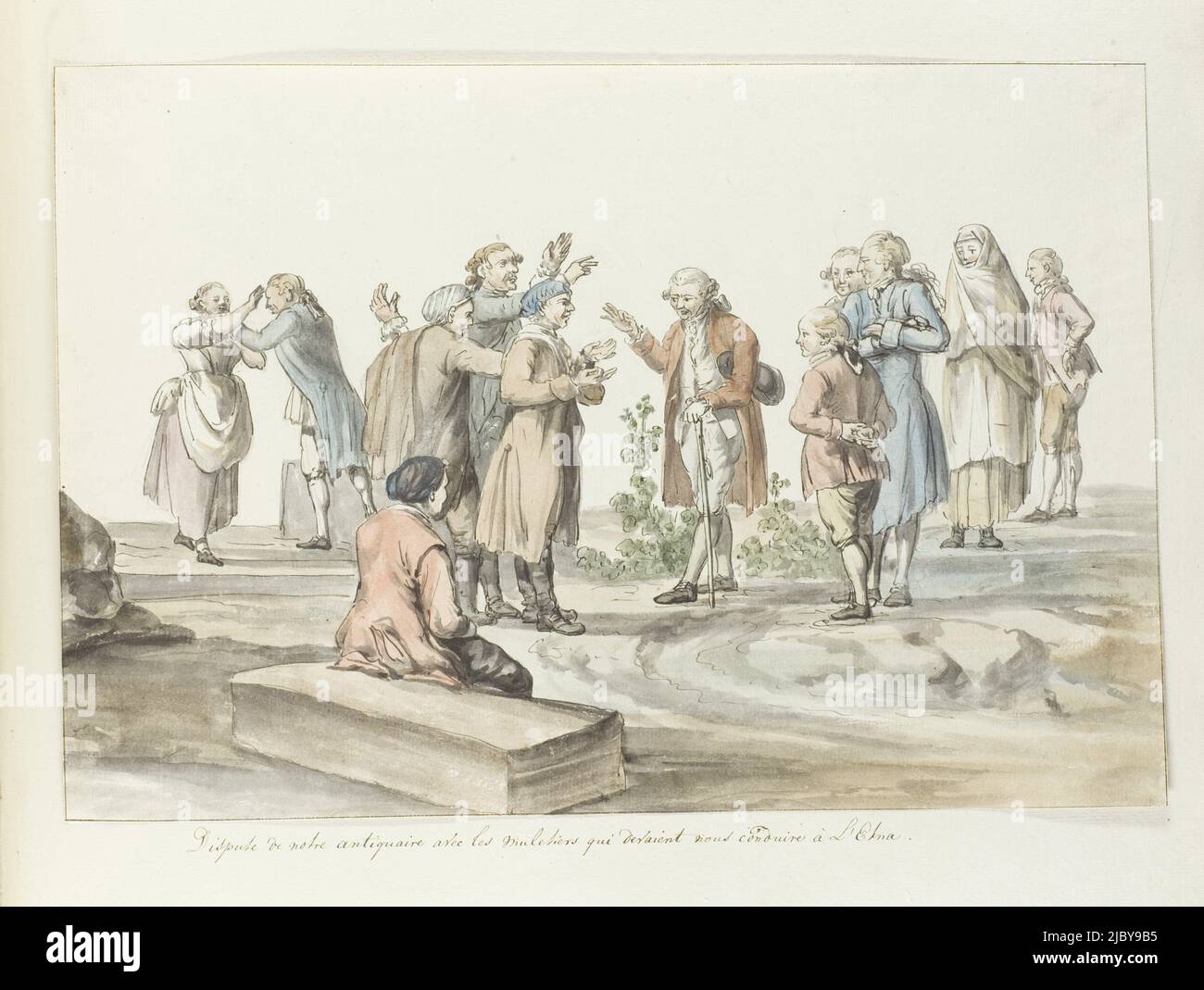 Negoziazione tra guida di viaggi e mulo driver con cui si va al Monte Etna, Louis Ducros, 1778, disegno dall'album 'Voyage en Italie, en Sicile et à Malte', 1778., disegnatore: Louis Ducros, 1778, carta, spazzola, penna, h 304 mm x l 444 mm Foto Stock