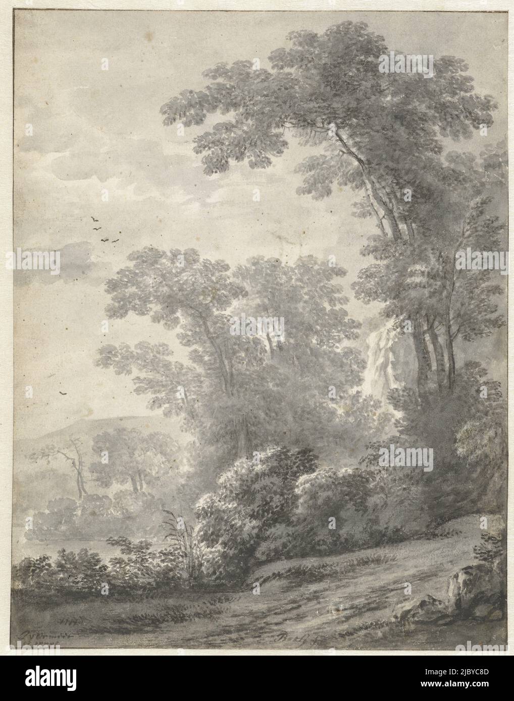 Paesaggio di montagna con alberi vicino ad un fiume, Jan van der Meer (II), c.. 1700 - c. 1705, paesaggio di montagna con un percorso in primo piano., disegnatore: Jan van der Meer (II), disegnatore: Jan Both, (possibilmente), Haarlem, c.. 1700 - c. 1705, carta, spazzola, h 237 mm x l 194 mm Foto Stock