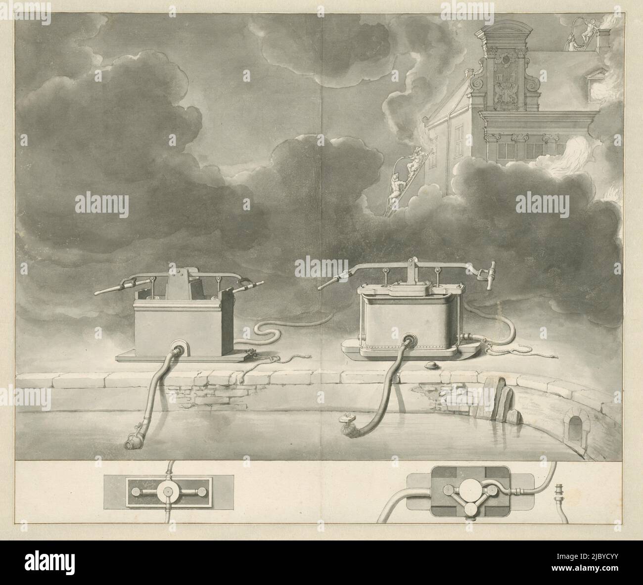 Due pompe antincendio sul lato di un canale, Jan van der Heyden, 1680 - 1690, disegnatore: Jan van der Heyden, 1680 - 1690, carta, penna, pennello, a 236 mm x l 365 mm Foto Stock