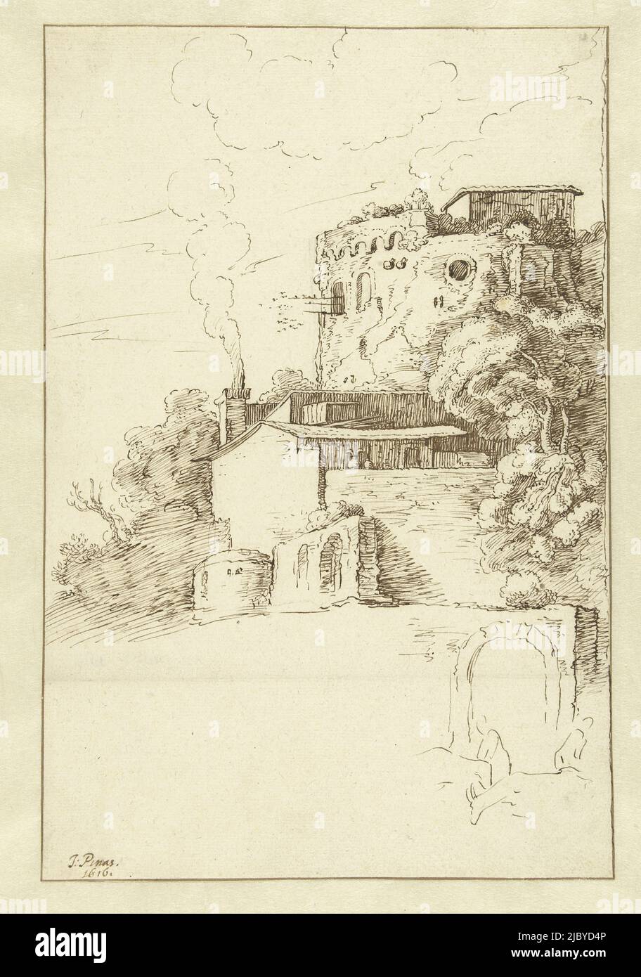 A Torre rotonda ed edifici, Jacob Symonsz Pynas, 1616, paesaggio italiano con alcune case e la rovina di una fortezza., disegnatore: Jacob Symonsz Pynas, 1616, carta, penna, h 273 mm x w 183 mm Foto Stock