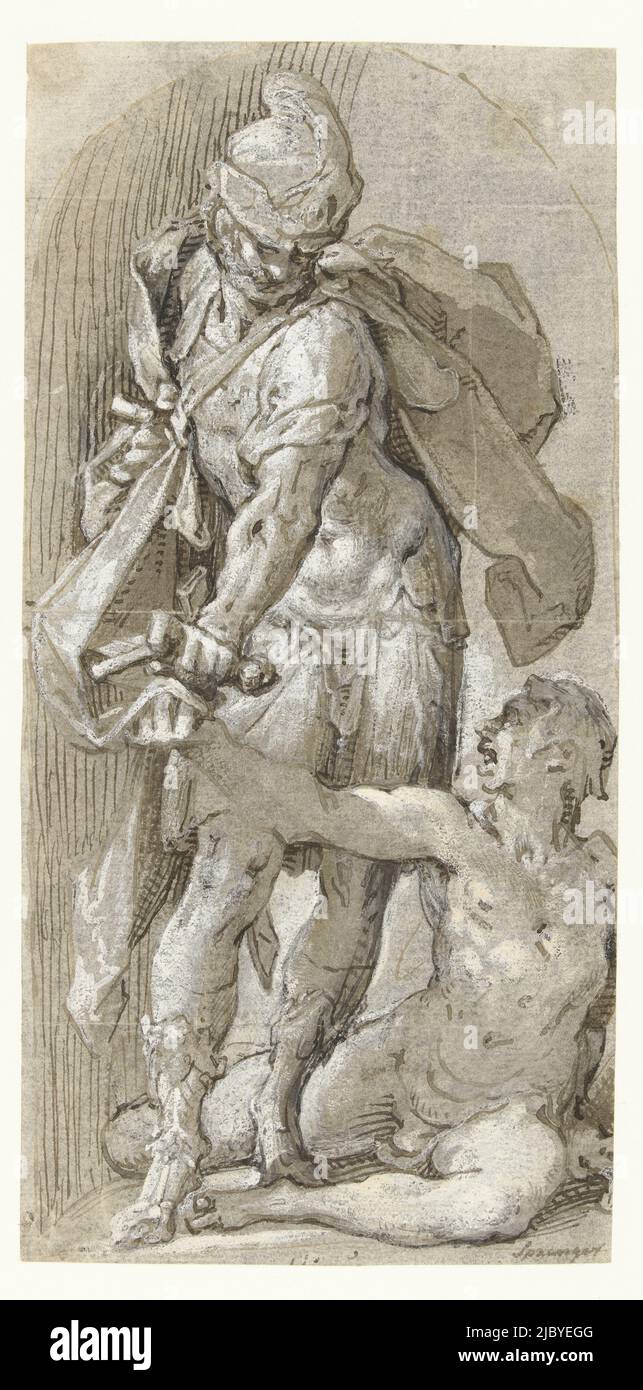 San Martino e il Beggar, Bartolomeo Spranger, 1599 - 1609, Design per una stampa., disegnatore: Bartolomeo Spranger, 1599 - 1609, carta, penna, spazzola, a 246 mm x l 120 mm Foto Stock