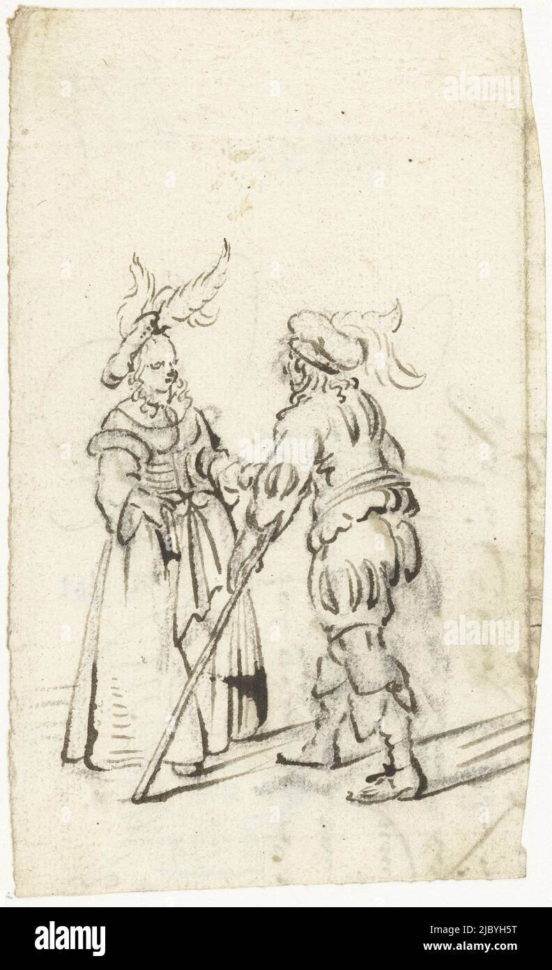 Coppia in piedi in costume, parlando l'un l'altro, Harmen ter Borch, c.. 1654, relatore: Harmen ter Borch, Zwolle, c.. 1654, carta, spazzola, h 110 mm x l 65 mm Foto Stock