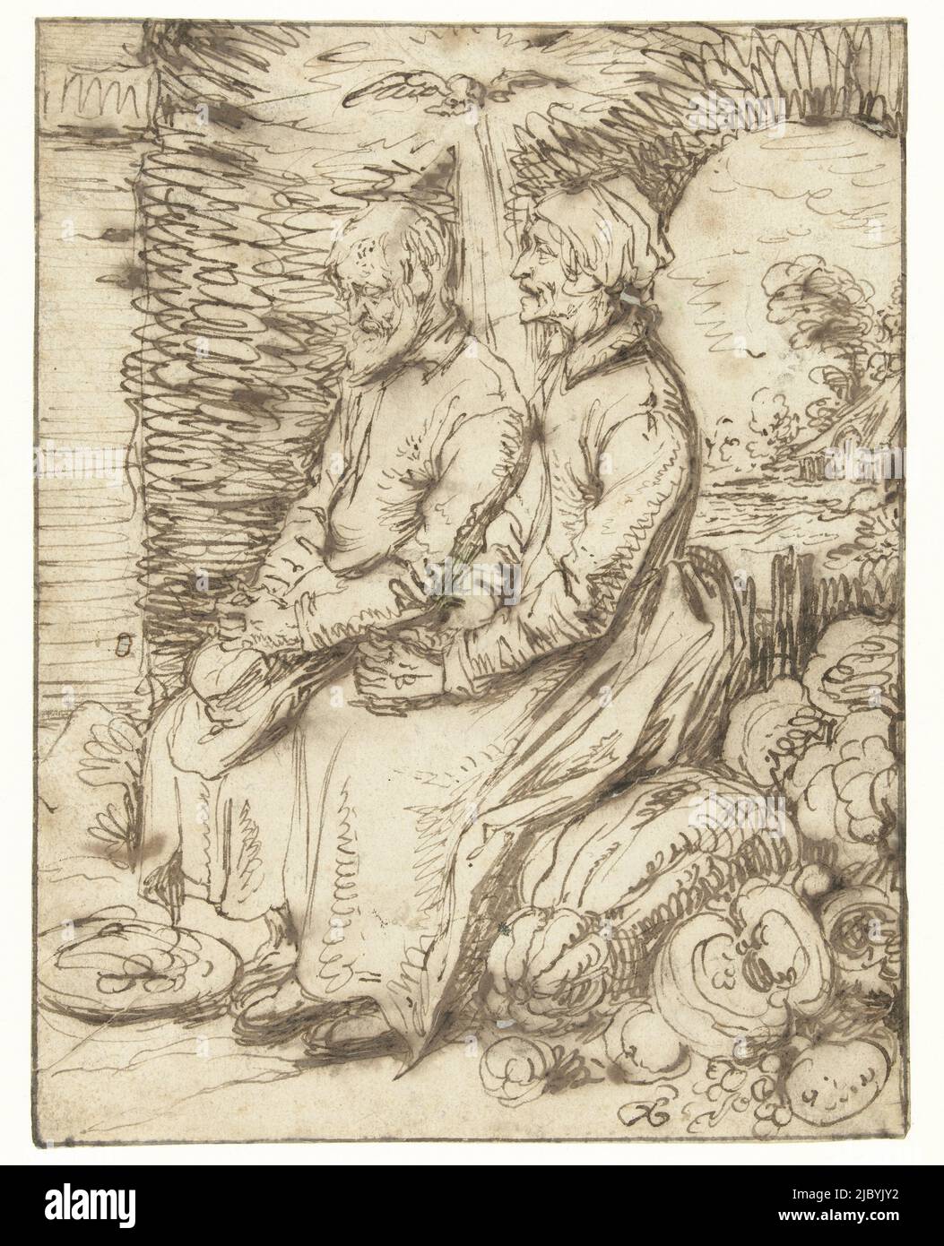 Vreedsamich Paer, Jacob de Gheyn (II), 1605 - 1615, un vecchio contadino e sua moglie seduti in preghiera davanti ai frutti del loro diligente lavoro. Al di sopra di loro si libra la colomba dello Spirito Santo. A destra un cancello, una casa colonica. Disegno per una stampa., disegnatore: Jacob de Gheyn (II), 1605 - 1615, carta, penna, h 199 mm x l 154 mm Foto Stock