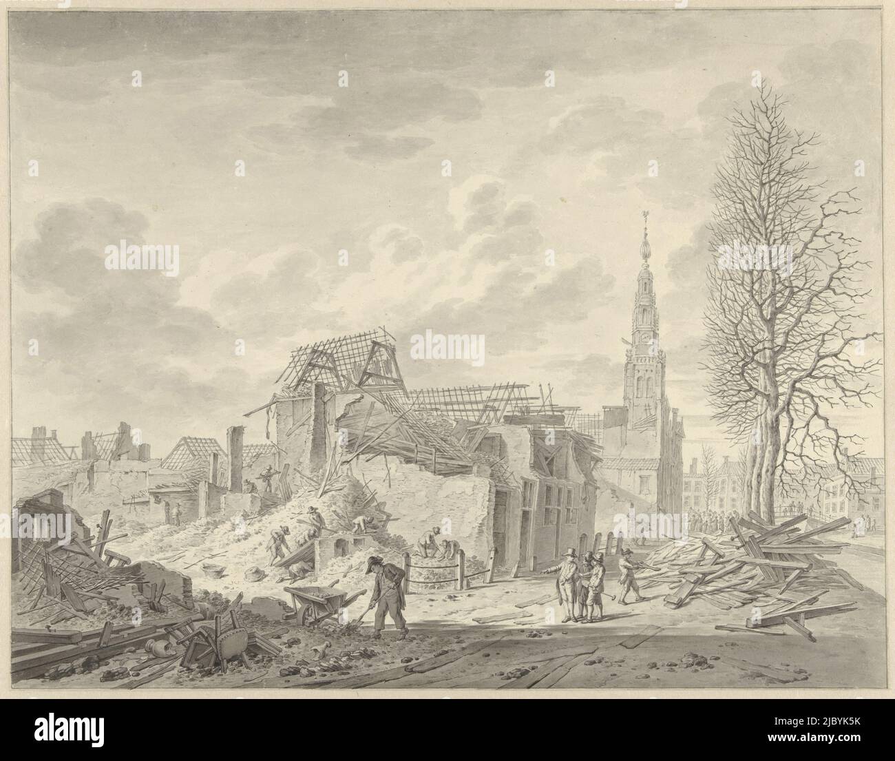 Vista del Rapenburg a Leiden dopo il disastro della polvere da sparo del 12 gennaio 1807, Leendert Overbeek, 1807, relatore: Leendert Overbeek, 1807, carta, penna, spazzola, h 327 mm x l 420 mm Foto Stock