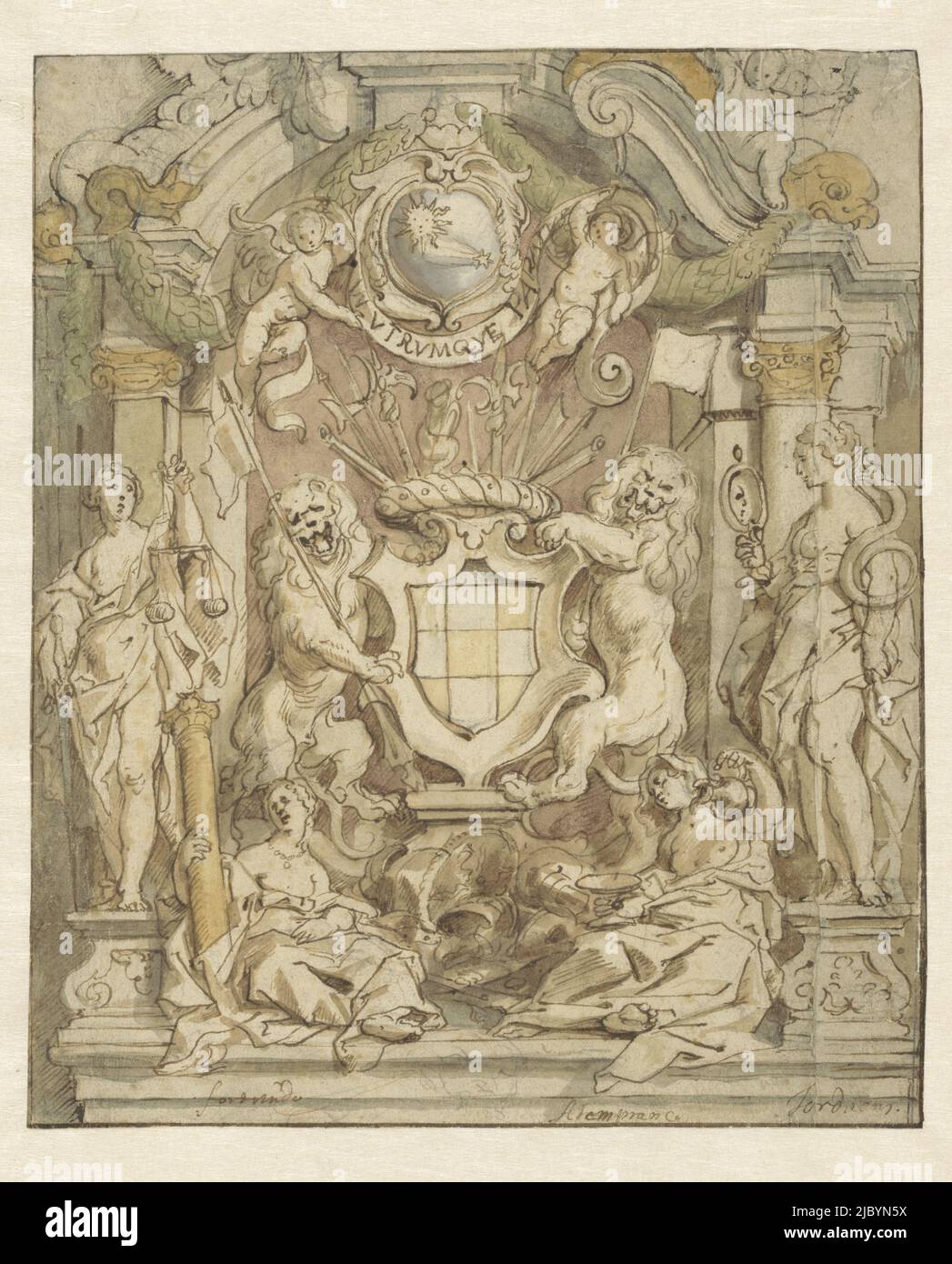 Lo stemma di Van der Linden, Jacques Jordaens, 1630 - 1635, modello con uno stemma e figure allegoriche., disegnatore: Jacob Jordaens (i), (menzionato sull'oggetto), 1630 - 1635, carta, penna, spazzola, a 297 mm x l 248 mm Foto Stock
