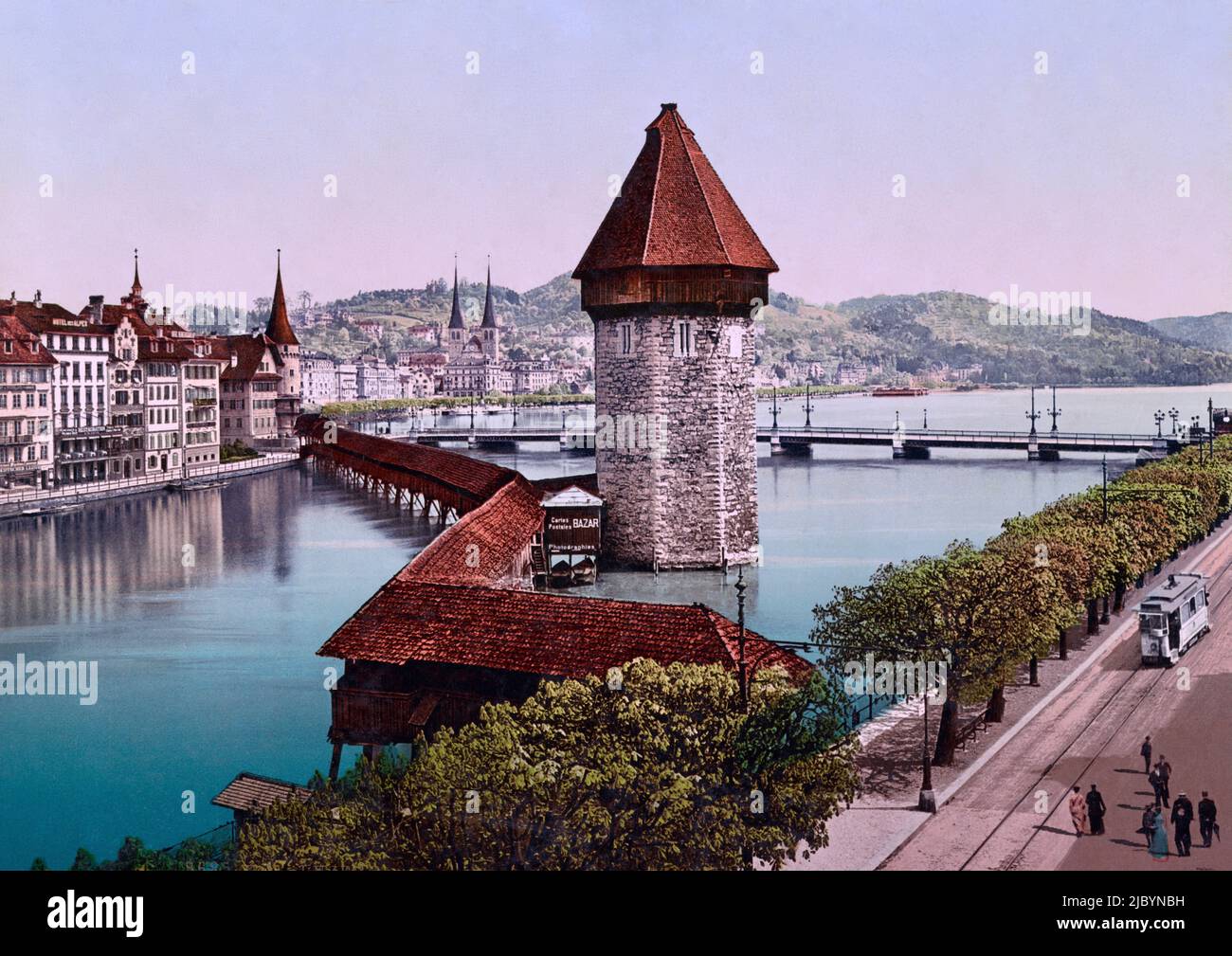 Ponte della Cappella e torre dell'acqua, Schweizerhof Quay e Seebrücke, Lucerna, Svizzera 1890 Foto Stock