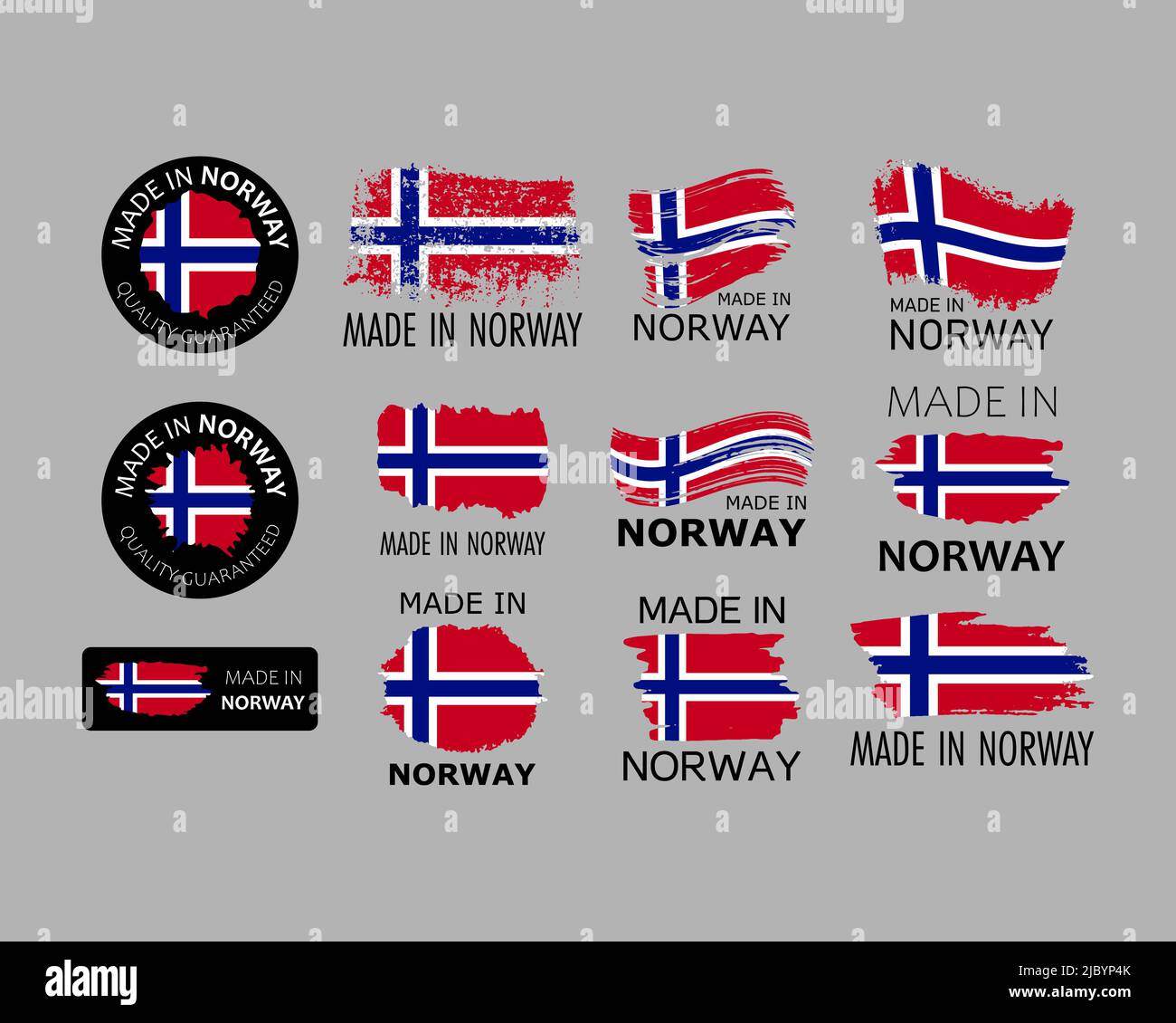 Set di adesivi. Fabbricato in Norvegia. Pennellate a forma di bandiera norvegese. Concetto di fabbrica, produzione e paese di produzione. Elemento di design per l Illustrazione Vettoriale