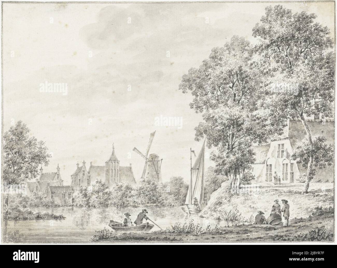 Vista di Haastrecht, Pieter Jan van Liender, 1763, disegnatore: Pieter Jan van Liender, 1763, carta, penna, pennello, a 141 mm x l 196 mm Foto Stock