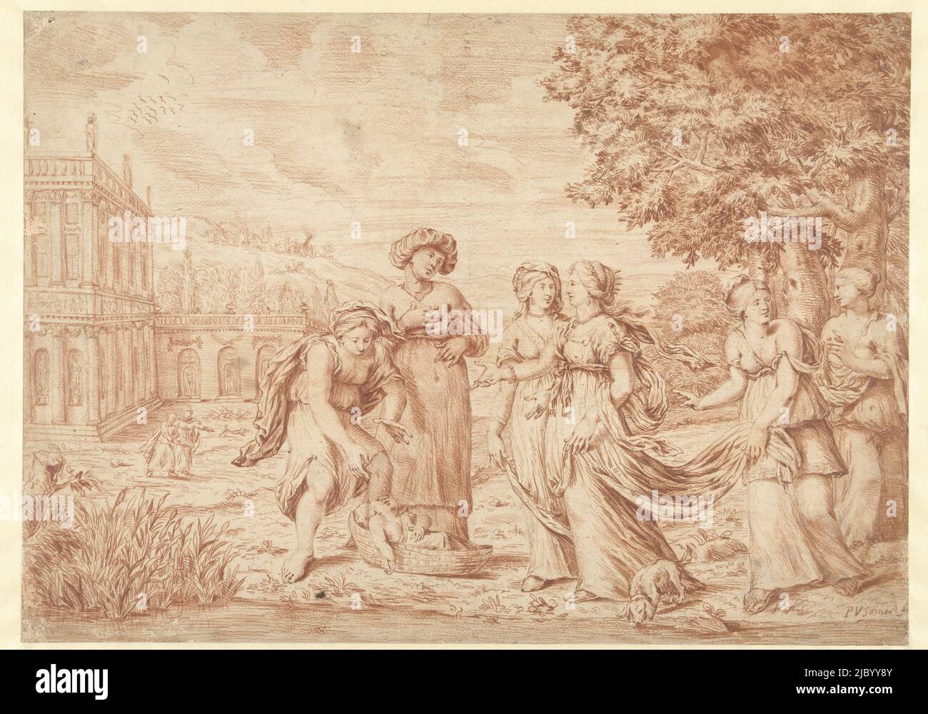 Figlia del Faraone trova Mosè nel cesto di corsa, Paul van Somer (II), 1659 - 1694, disegnatore: Paul van Somer (II), 1659 - 1694, carta, h 327 mm x l 458 mm Foto Stock