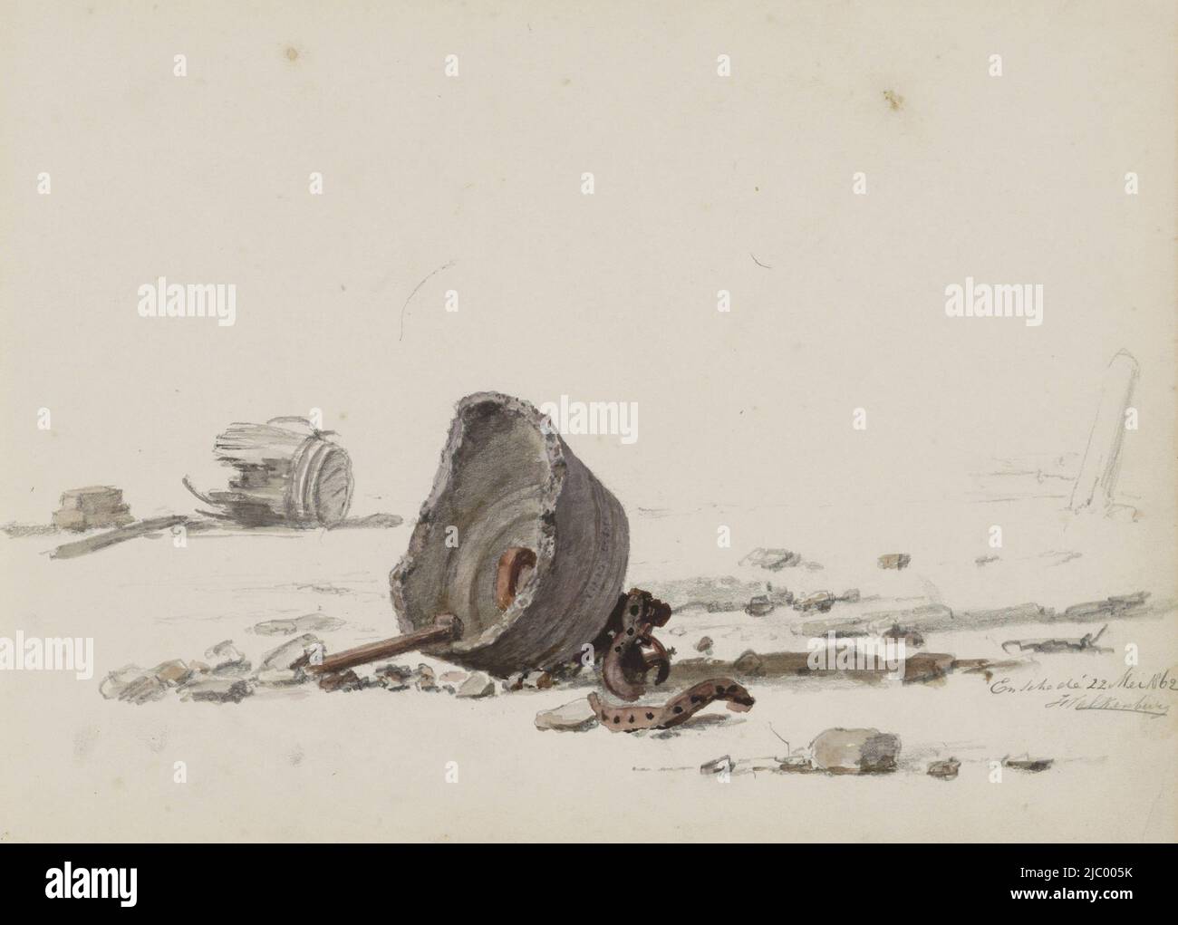 Paesaggio con pietre e un barile rotto a Enschede, Hendrik Valkenburg, 1862, presumibilmente una vista della distruzione dopo l'incendio della città del 1862. Foglio 47 recto da un libro di schizzo con 77 fogli., disegnatore: Hendrik Valkenburg, Enschede, maggio-1862, carta, spazzola Foto Stock