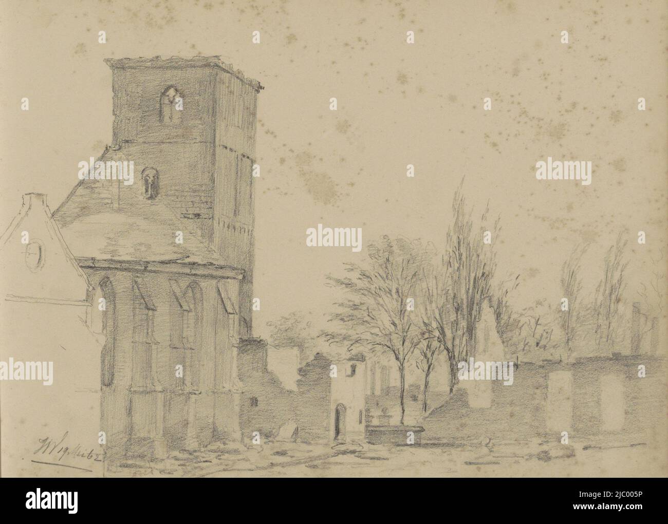 Vecchio mercato a Enschede dopo l'incendio della città del 1862, Hendrik Valkenburg, 1862, foglio 55 recto da un libro di schizzo con 77 fogli., disegnatore: Hendrik Valkenburg, maggio-1862, carta Foto Stock