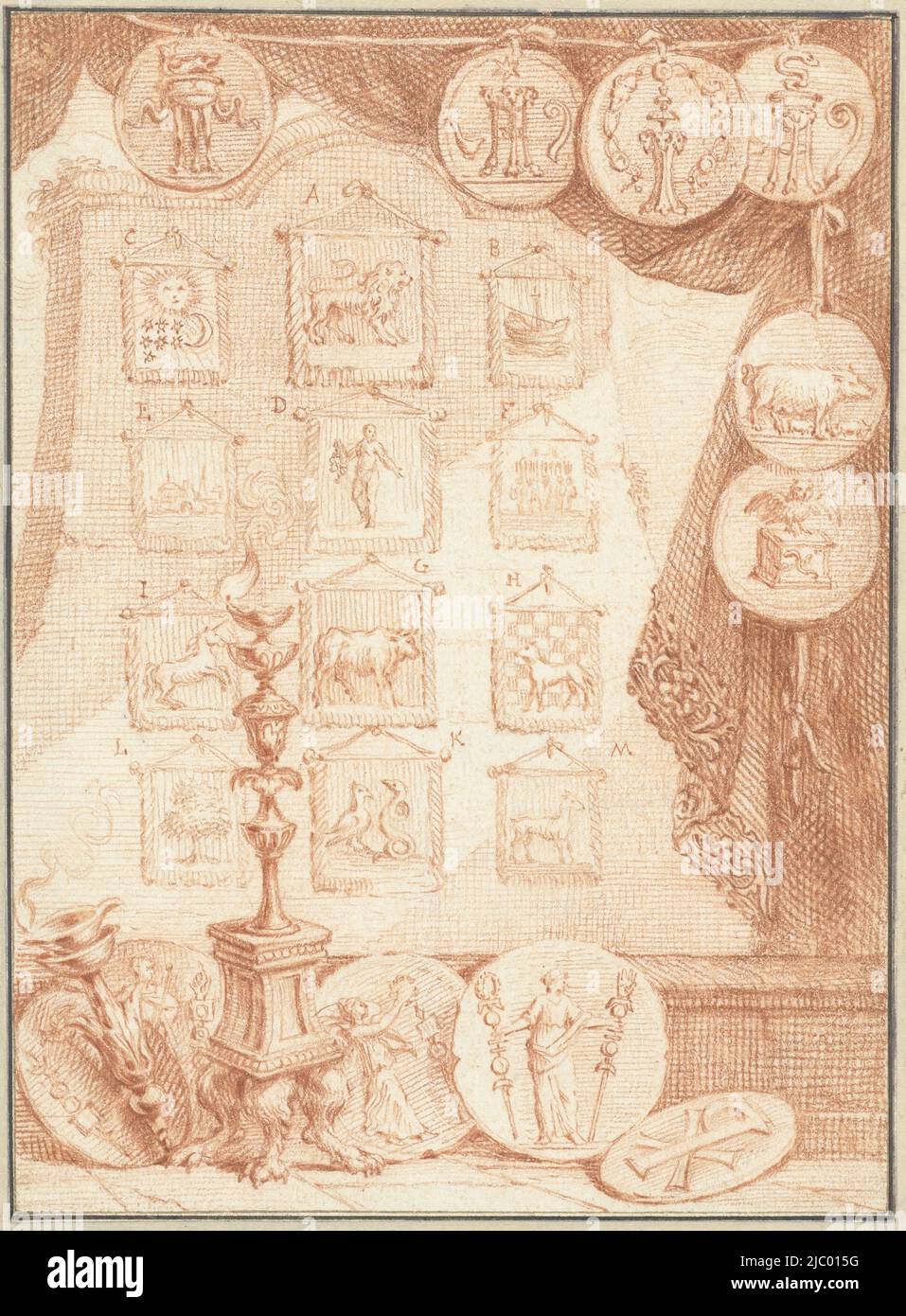 Vasi dell'esercito ebraico, greco e romano, Jacob Houbraken, 1708 - 1780, disegno per una stampa., disegnatore: Jacob Houbraken, 1708 - 1780, carta, h 162 mm x w 119 mm Foto Stock