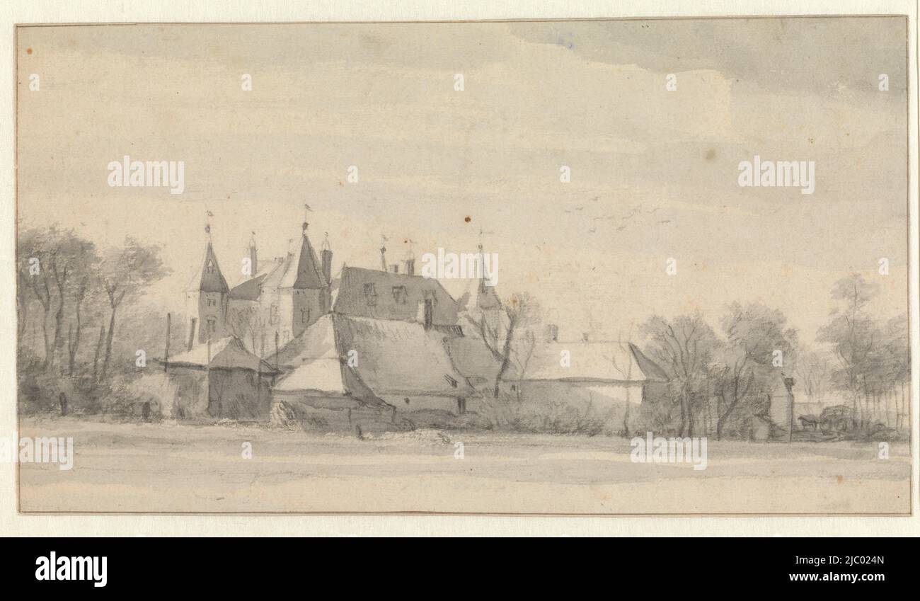 Il villaggio di Nederhorst e il castello da sud, Roelant Roghman, c.. 1646 - c. 1647, relatore: Roelant Roghman, Nederhorst den Berg, c.. 1646 - c. 1647, carta, spazzola, h 153 mm x l 279 mm Foto Stock
