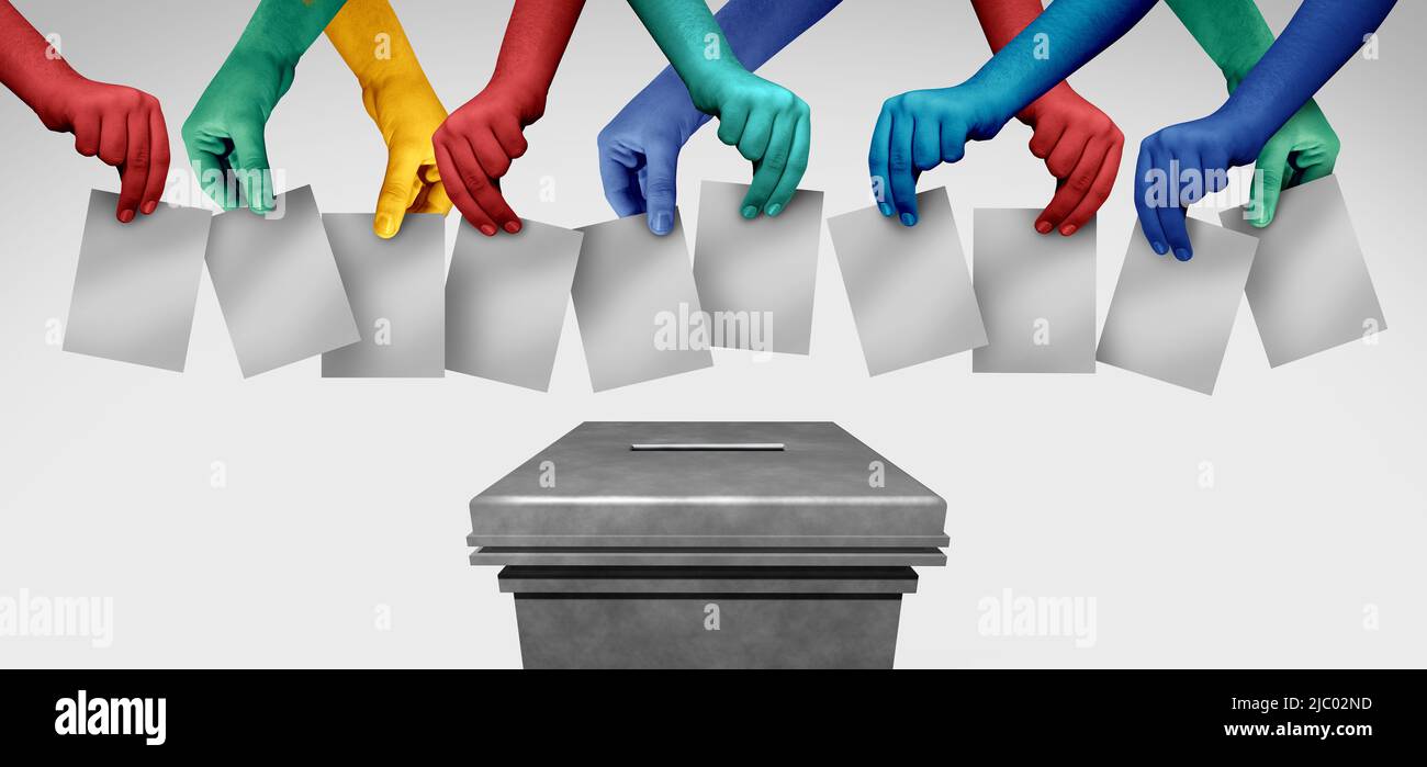 Il voto sulla diversità e i diversi elettori comunitari e il concetto di gruppo di voto come mani che lanciano le urne in un seggio elettorale come un diritto democratico. Foto Stock
