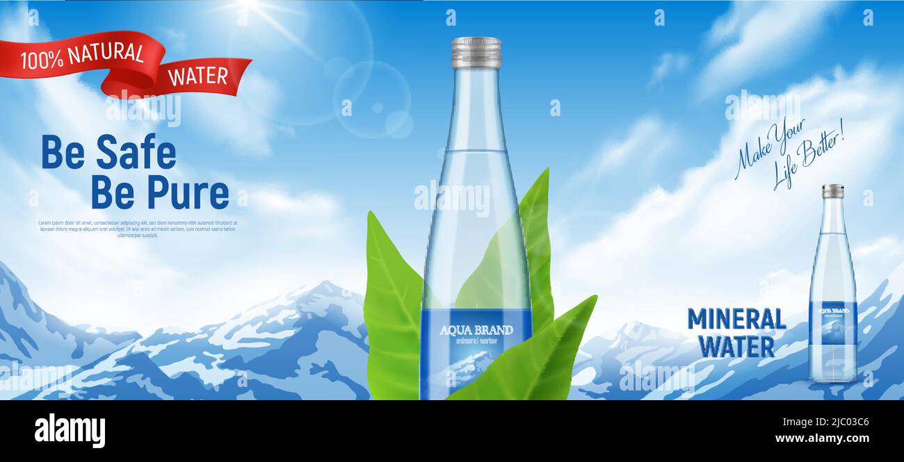 Poster pubblicitario realistico con bottiglia di acqua minerale naturale e cime di montagna illustrazione vettoriale Illustrazione Vettoriale