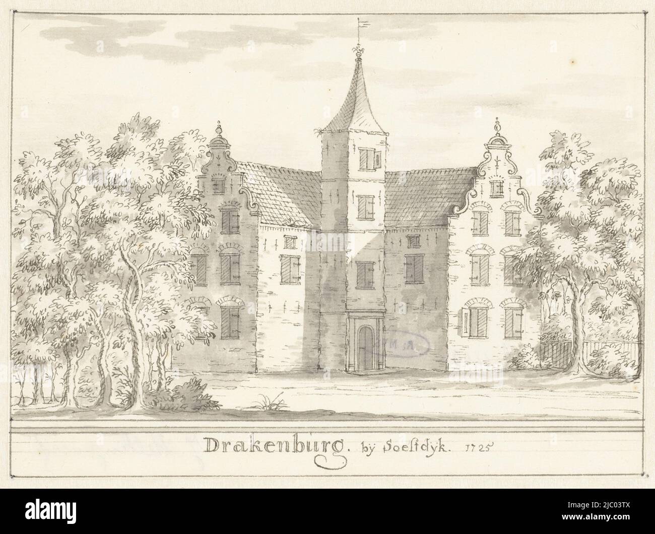 Castello Drakenburg nei pressi di Soestdijk, Jacobus Stellingwerff, 1725 - 1736, relatore: Jacobus Stellingwerff, 1725 - 1736, carta, penna, spazzola, h 122 mm x l 176 mm Foto Stock