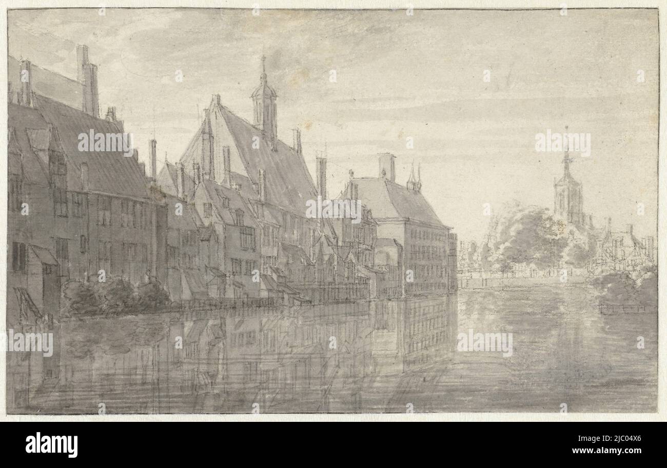 Vista degli edifici del Binnenhof a l'Aia, Joris van der Haagen, in o dopo 1650 - 1669, disegnatore: Joris van der Haagen, disegnatore: Pieter Latombe, in o dopo 1650 - 1669, carta, pennello, h 138 mm x w 222 mm Foto Stock