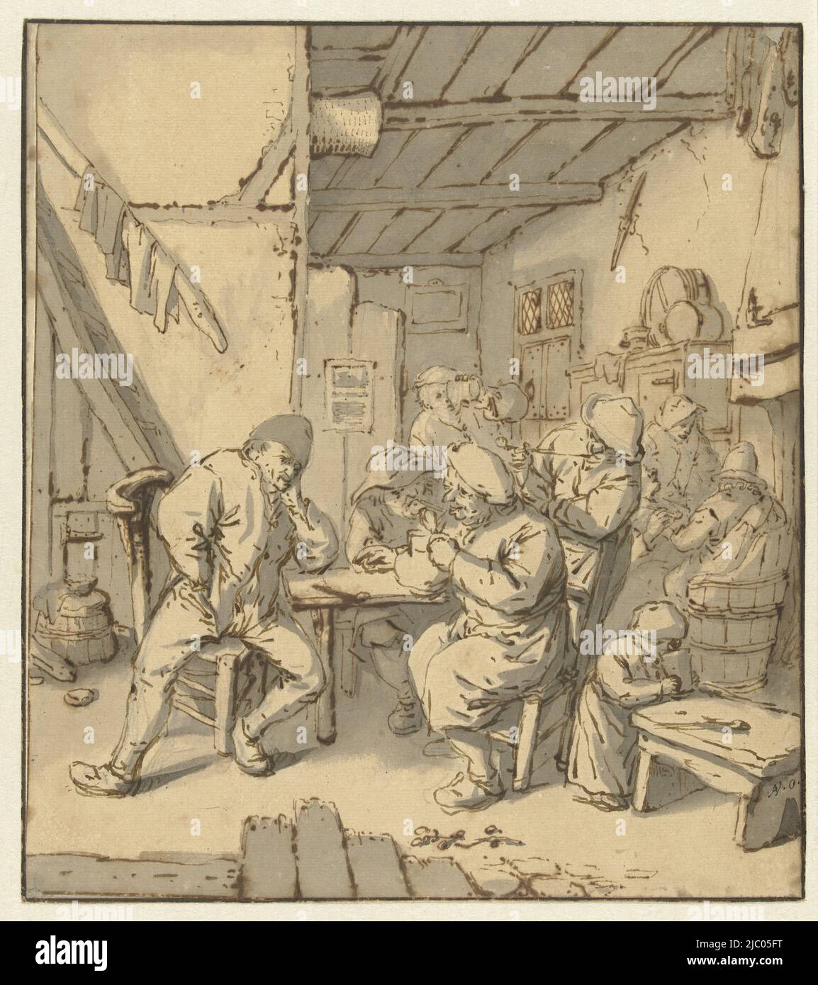 Interno di una locanda contadina con figure fumanti e beventi, Cornelis Dusart (possibilmente), dopo Adriaen van Ostade, 1670 - 1704, disegnatore: Cornelis Dusart, (possibilmente), disegnatore intermedio: Adriaen van Ostade, 1670 - 1704, carta preparata, penna, pennello, a 228 mm x l 203 mm Foto Stock