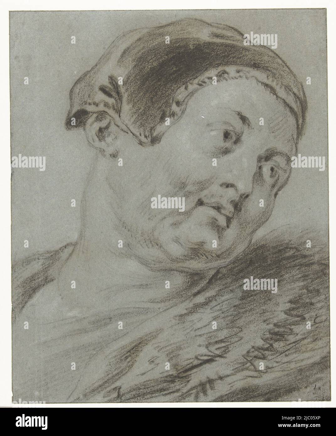 La testa dell'uomo, girata a destra, Jacques Jordaens, 1603 - 1678, disegnatore: Jacob Jordaens (i), disegnatore: Peter Paul Rubens, (attribuzione rifiutata), 1603 - 1678, carta, h 271 mm x w 219 mm Foto Stock