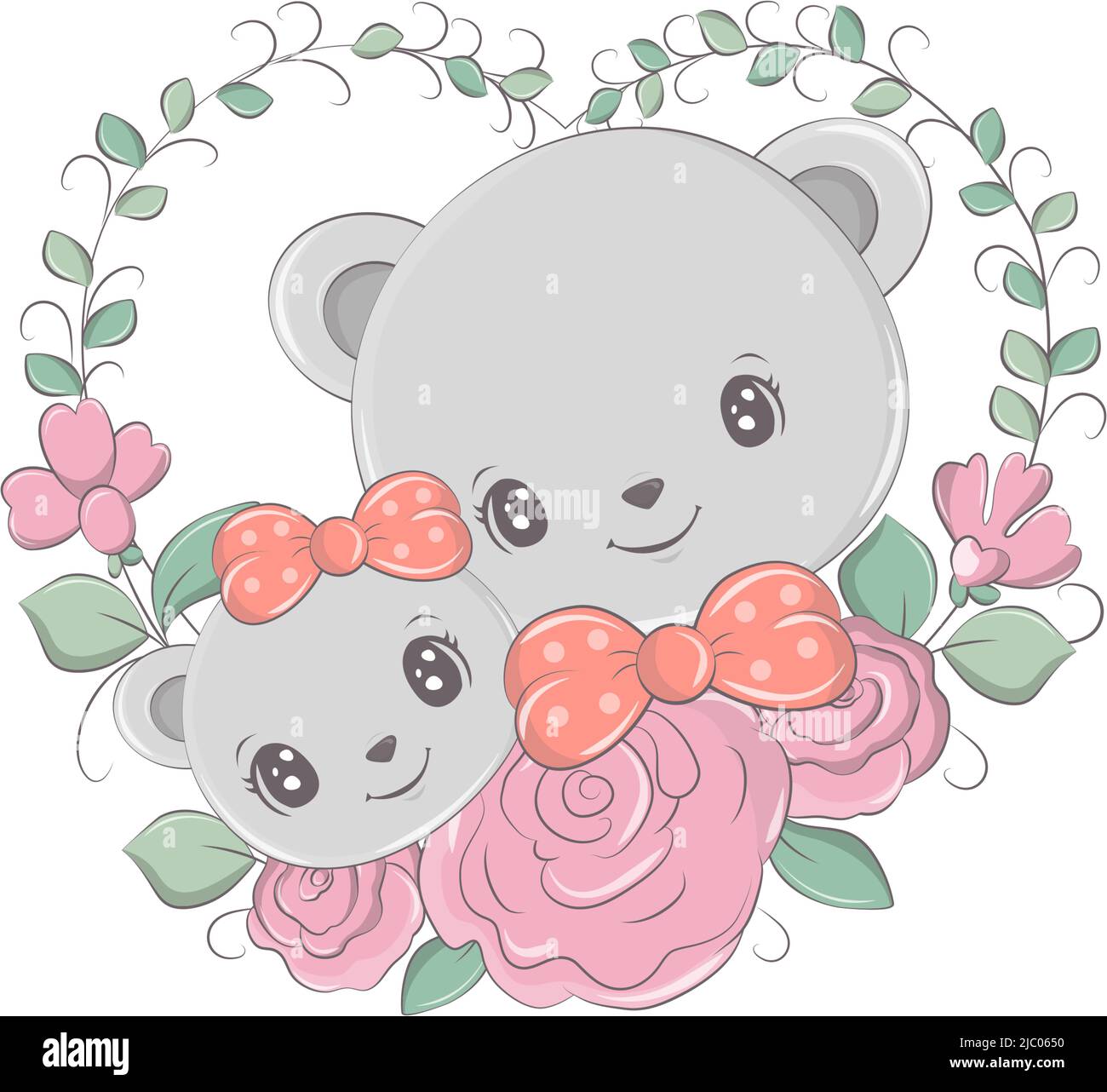 Cartoon porta cute per gli inviti e le schede del bambino. Illustrazione di un orso e di un orsacchiotto con fiori intorno. Portare un'illustrazione isolata. Kawaii Illustrazione Vettoriale