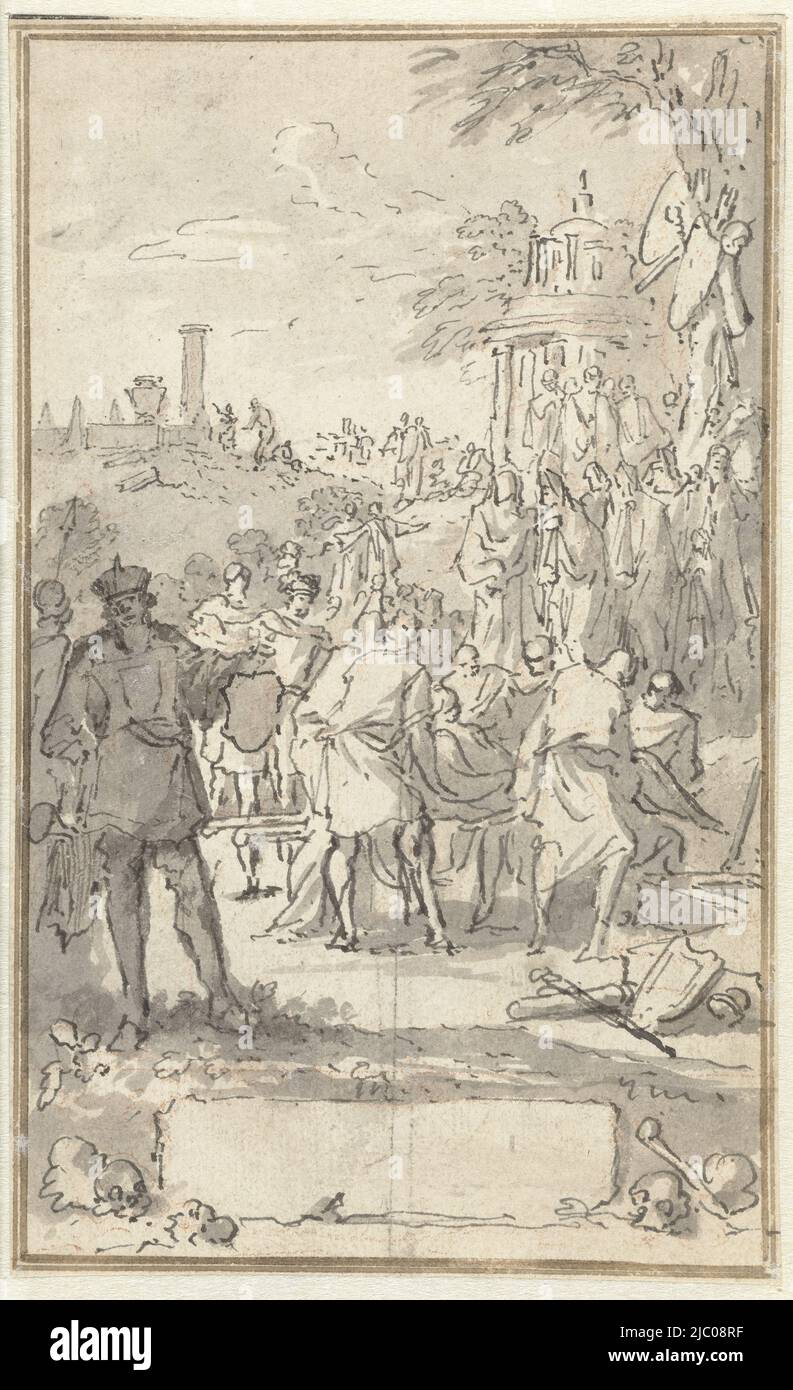 Scena dalla storia romana: Una sepoltura. Disegno per un'illustrazione del libro., Tomblegging, disegnatore: Jan Goeree, c.. 1680 - c. 1731, carta, penna, spazzola, h 150 mm x l 92 mm Foto Stock