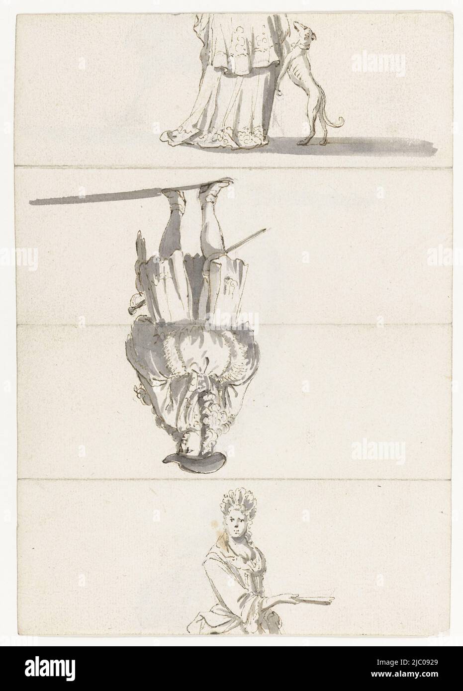 Foglio pieghevole con alla schiena una donna in piedi con un uccello sulla mano e il corpo superiore e inferiore di un pattinare uomo, foglio pieghevole con studi di figura, disegnatore: Ludolf Bakhuysen, 1695 - 1705, carta, penna, spazzola, a 201 mm x l 140 mm Foto Stock