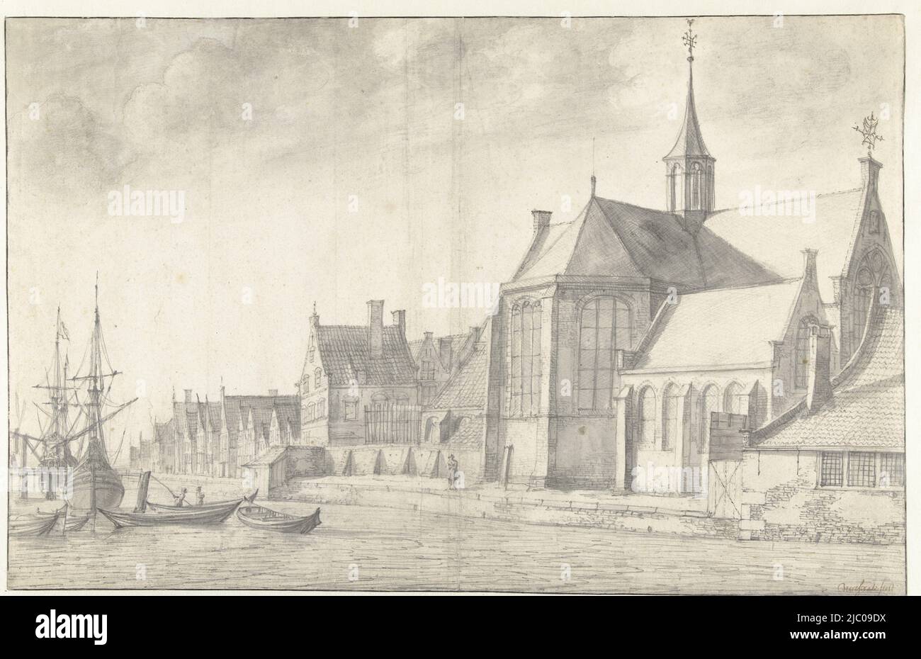 Chiesa di Delfshaven, disegnatore: Jan Abrahamsz. Beerstraten, 1600 - 1699, carta, spazzola, h 289 mm x l 452 mm Foto Stock