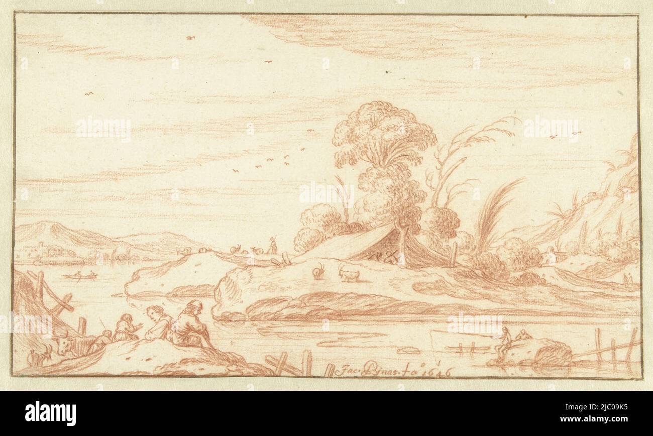 Paesaggio fluviale con pastori, bovini e pescatori, Paesaggio fluviale, disegnatore: Jacob Symonsz Pynas, 1646, carta, h 167 mm x w 288 mm Foto Stock