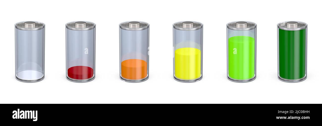 stato di carica della batteria diverso su sfondo bianco. Illustrazione 3D isolata Foto Stock