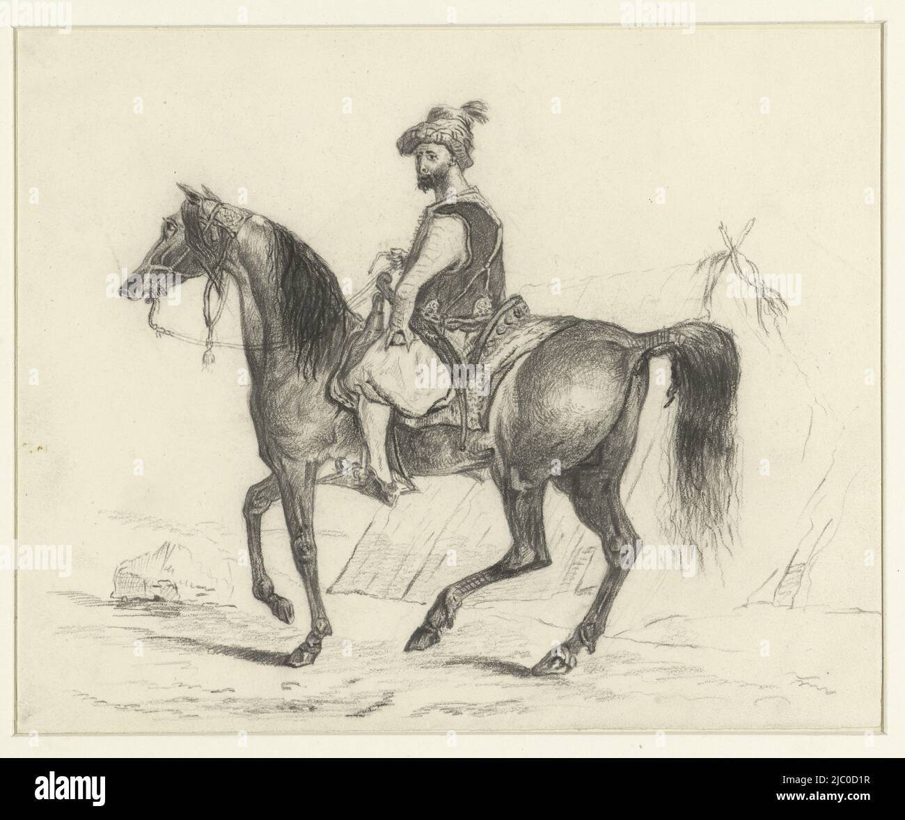 Arabo a cavallo, disegnatore: anonimo, 1800 - 1900, carta, h 188 mm x l 230 mm Foto Stock