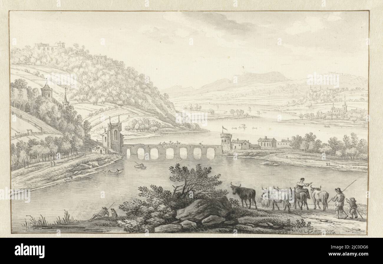 Paesaggio di montagna con un ponte attraverso un fiume, disegnatore: Jan van der Meer (II), 1704, carta, penna, pennello, a 133 mm x l 211 mm Foto Stock