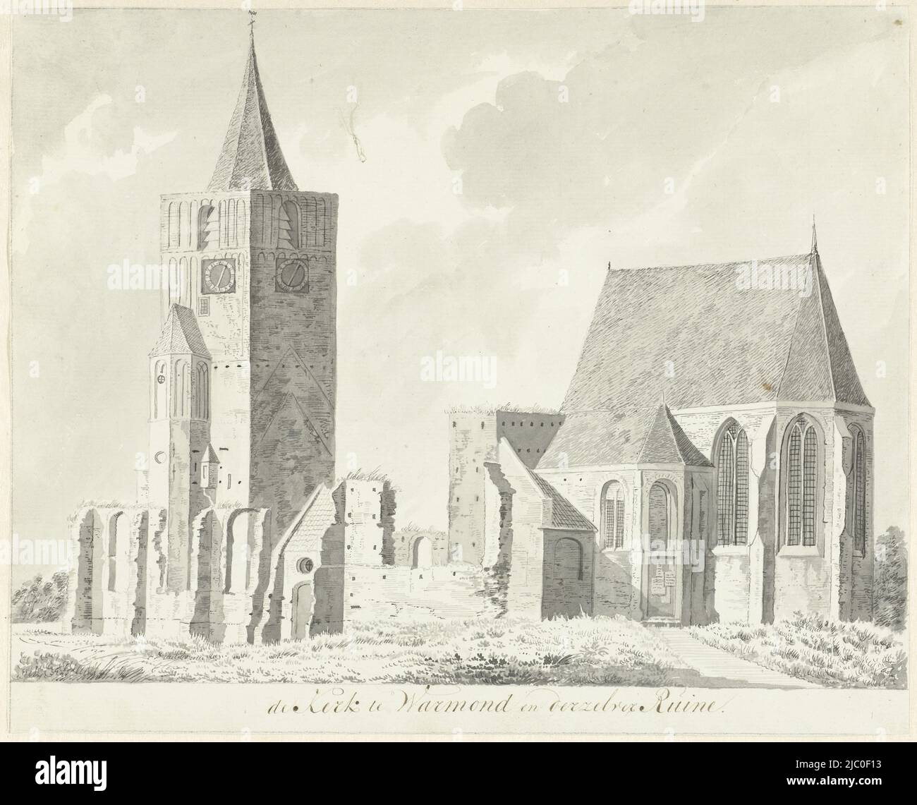 Chiesa a Warmond e le sue rovine, disegnatore: Hendrik Tavenier, 1783, carta, penna, spazzola, a 232 mm x l 288 mm Foto Stock