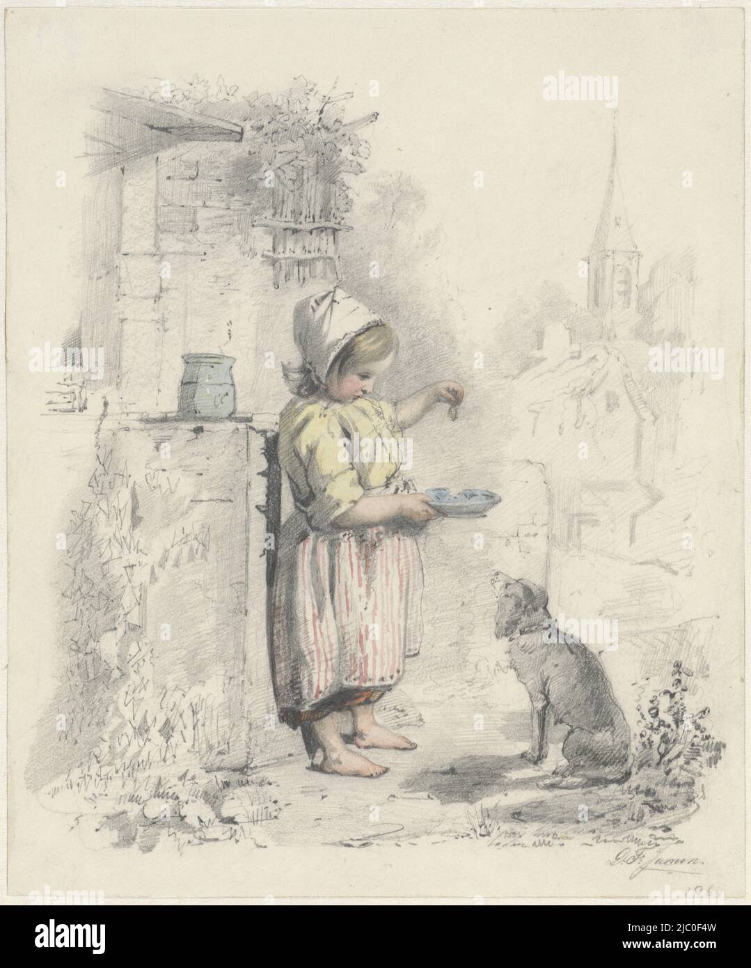 Ragazza con cane, disegnatore: Diederik Franciscus Jamin, 1861, carta, pennello, h 260 mm x l 216 mm Foto Stock