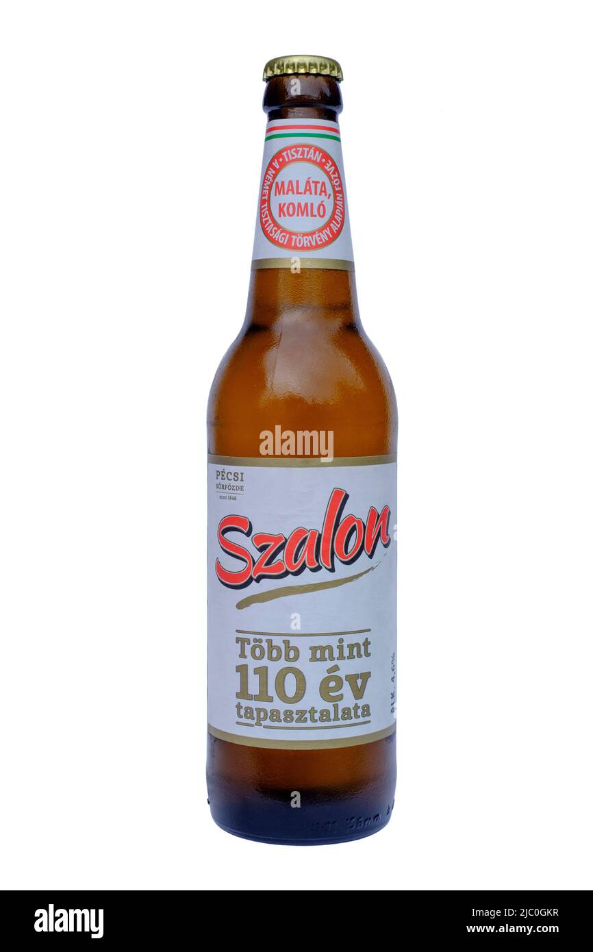 bottiglia di birra pecs szalon lager tagliata su sfondo bianco Foto Stock