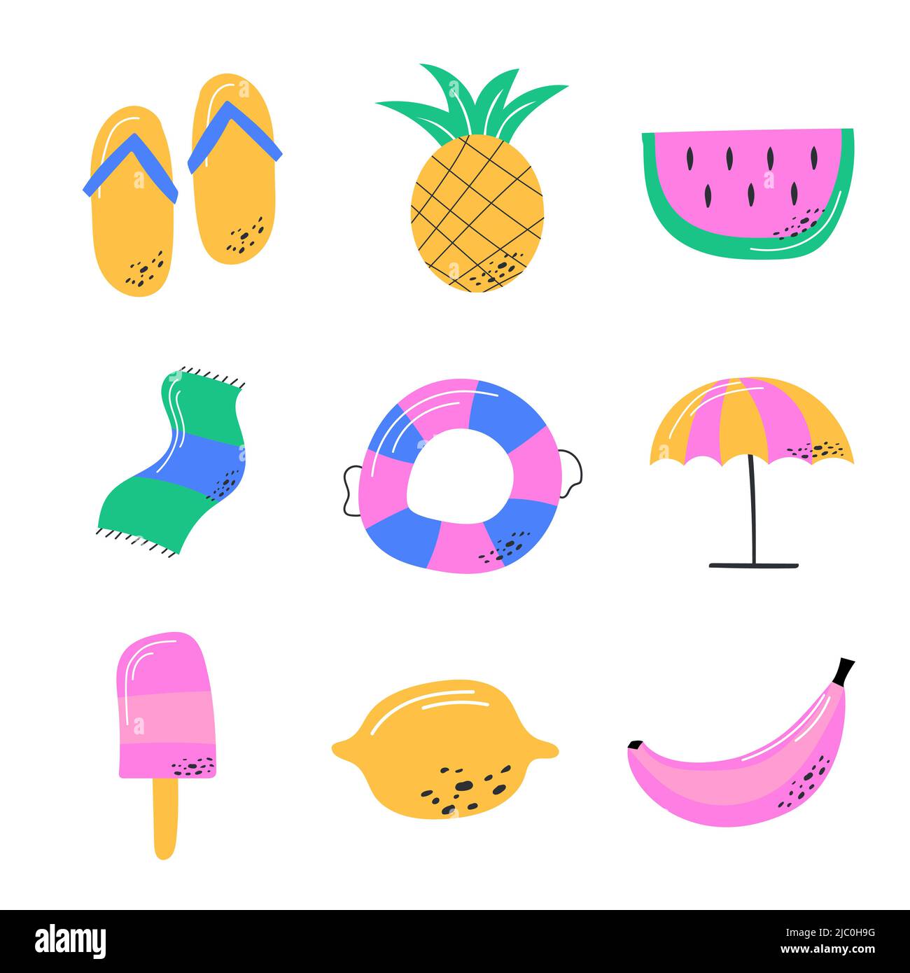 Ciao estate. Illustrazione vettoriale di divertenti simboli colorati in stile disegnato a mano. Set di scarabocchi estivi su sfondo bianco. Illustrazione Vettoriale