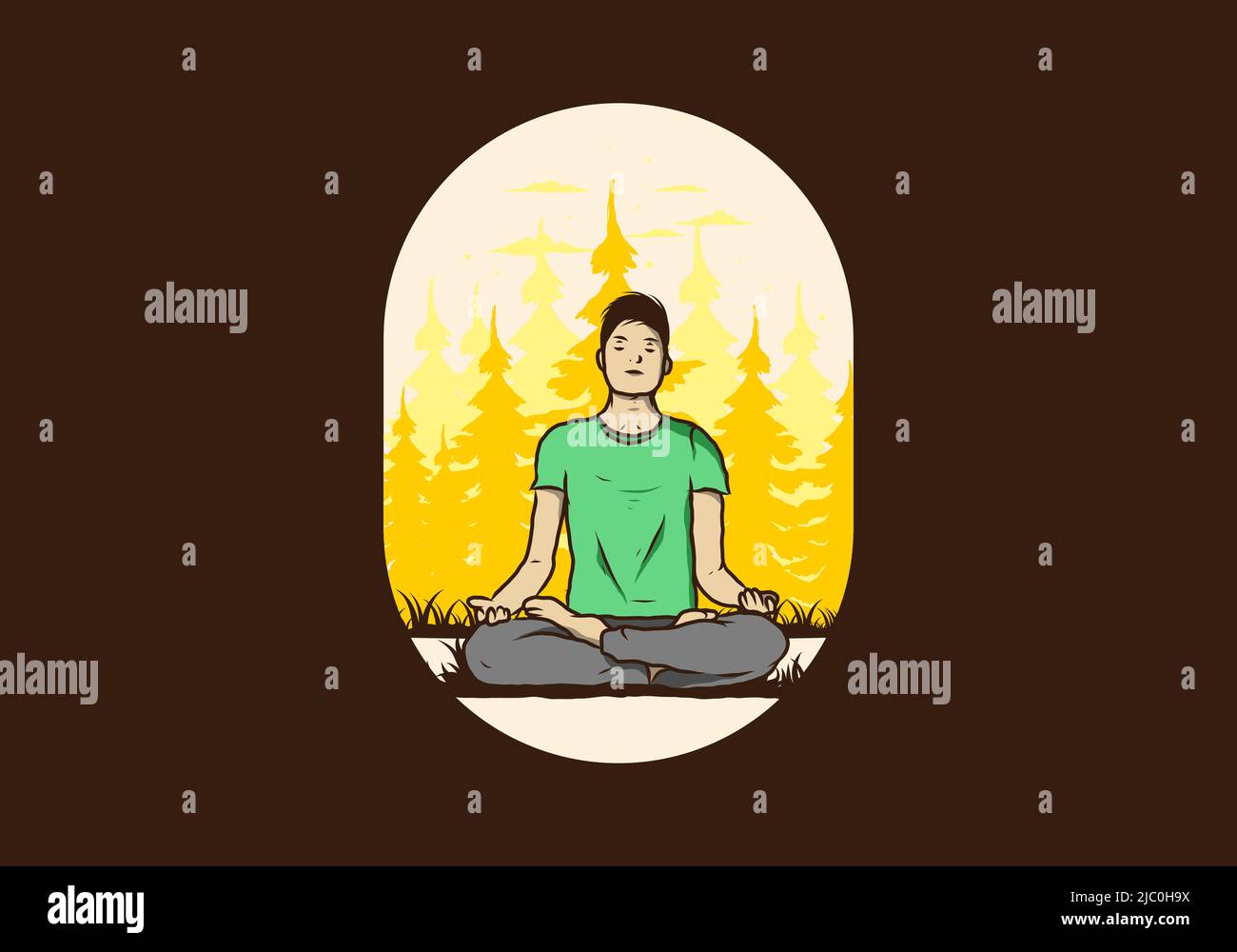 Disegno colorato di illustrazione di una persona che fa yoga e meditating all'aperto in una foresta nella natura fra gli alberi di pino Illustrazione Vettoriale