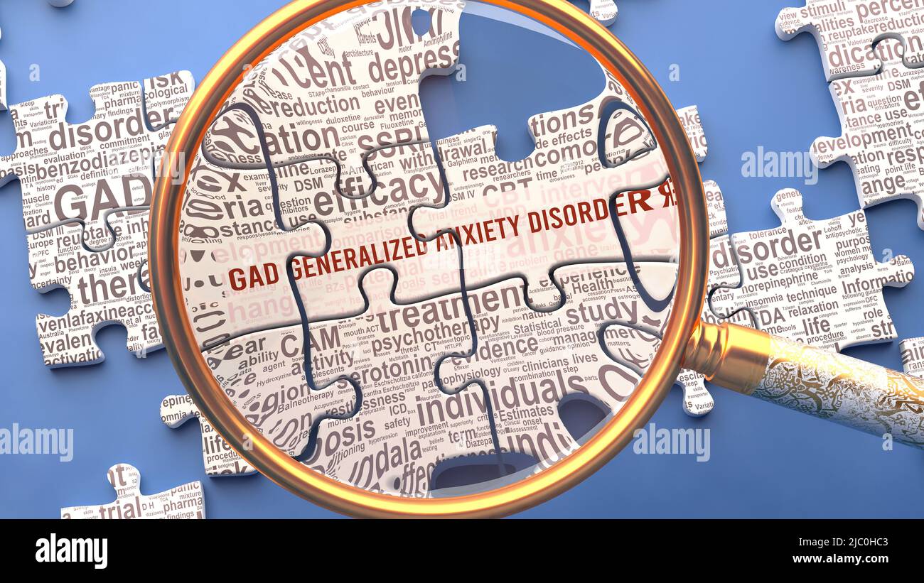 Gad generalizzato disturbo d'ansia come un argomento complesso e complicato. Complessità mostrata come elementi connessi con decine di idee e concetti correlati Foto Stock