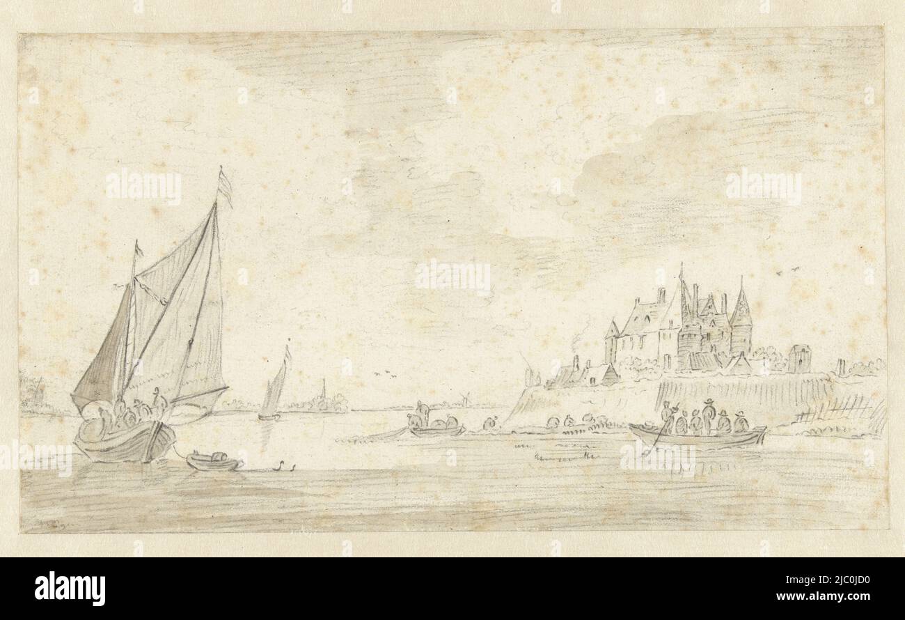 Paesaggio del fiume montuoso con barche, disegnatore: Jan van der Meer (II), Haarlem, 1687, pergamena (materiale animale), spazzola, a 131 mm x l 180 mm Foto Stock